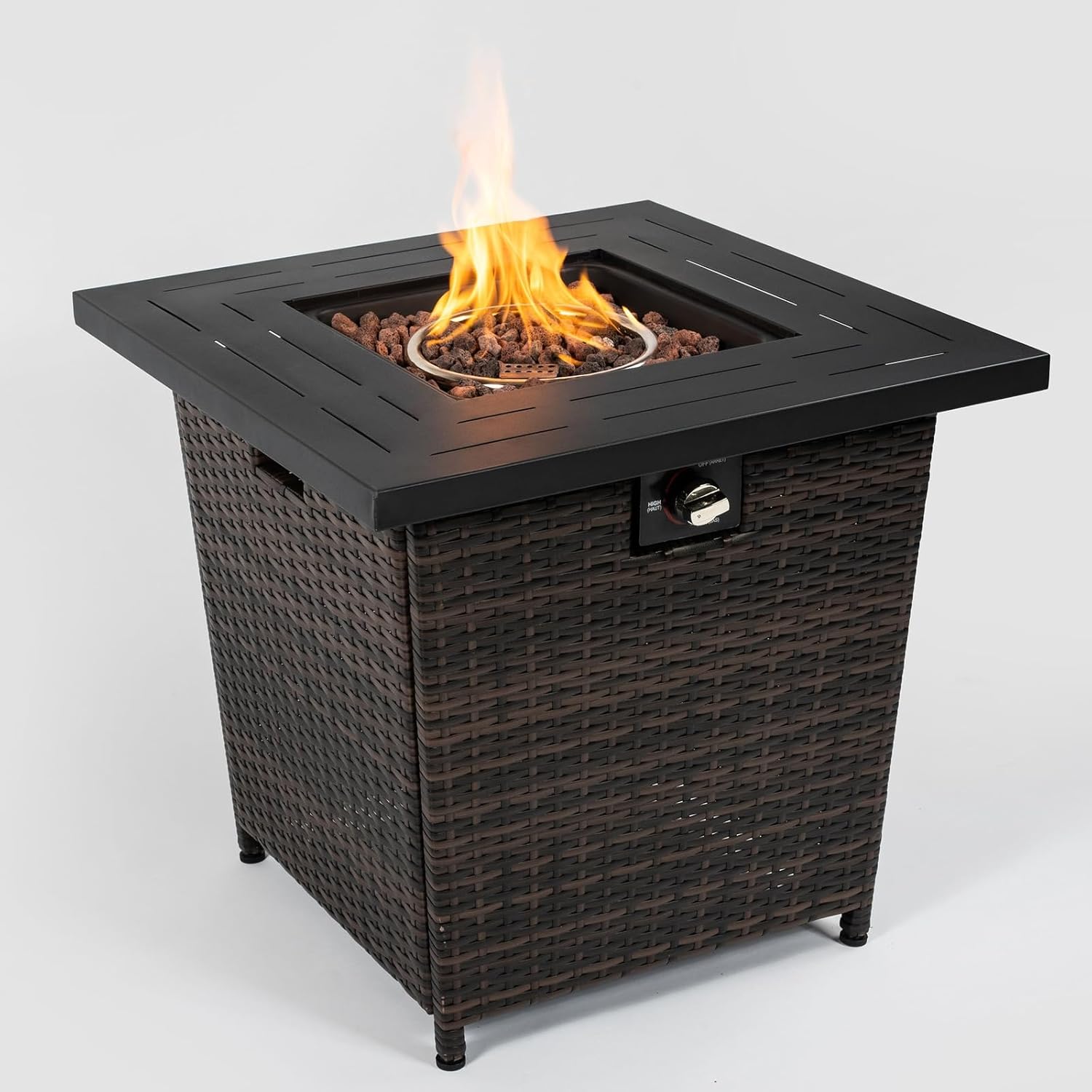 Penau 28inch Wicker Square Fire Pit Table, Durable PE Wicker Body, Steel Tabletop, Adjustable Flame Control, Perfect for Patio, Black Brown