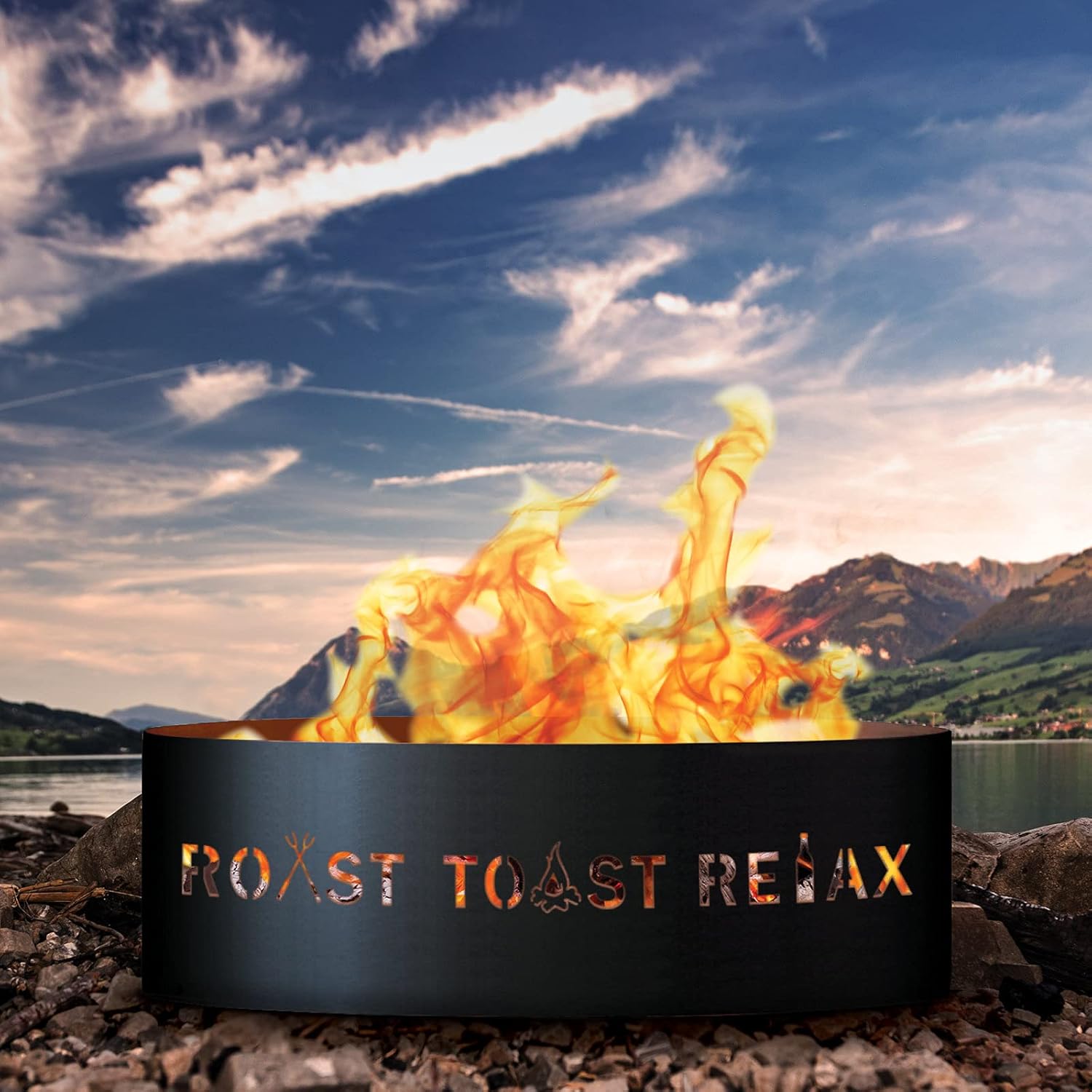 PD Metals RTR01837-FP Roast Toast Relax Unpainted 12 in. Tall 37 in. Diameter Outdoor Fire Ring with Fire Poker - 37 x 37 x 12 in. - Rustic Black Color