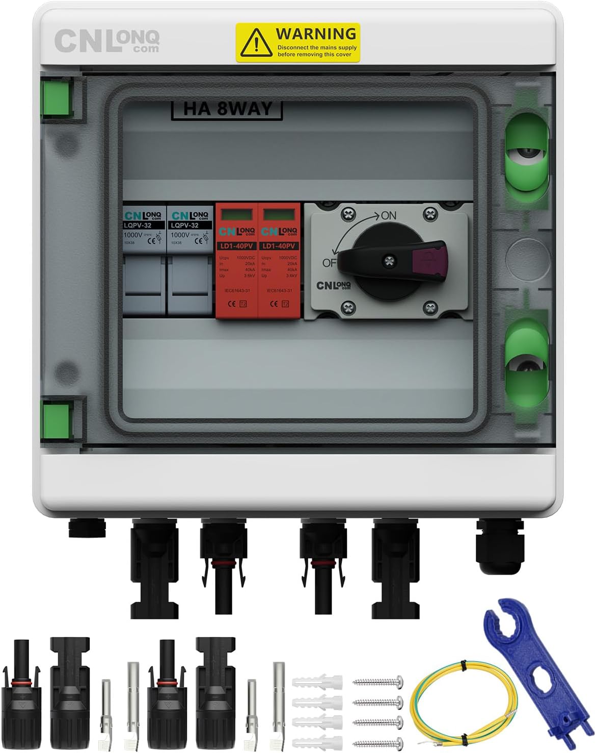 IP65 Solar PV Combiner Box DC1000V 32A Circuit Breaker with Surge Protector and 15A PV Fuses, 1in 1out Disconnect Switch Outdoor Waterproof for Solar Panels System