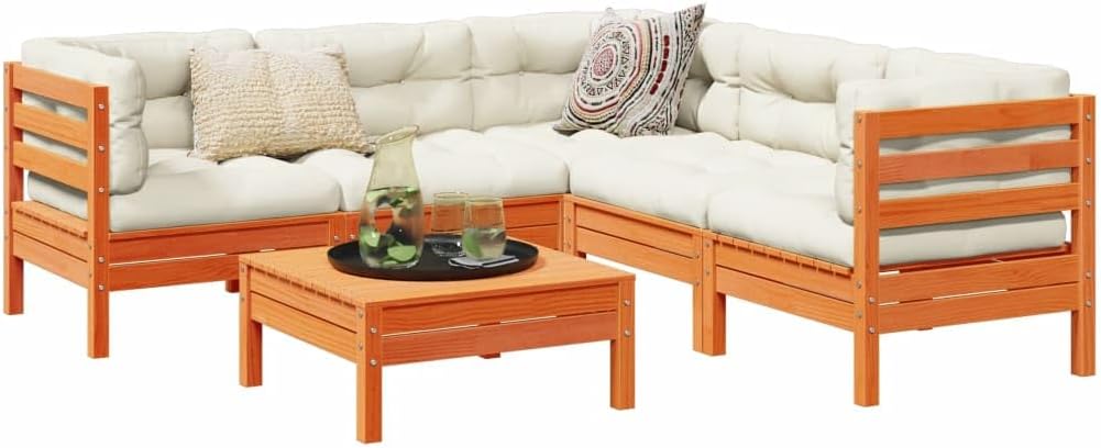 6 Piece Patio Sofa Set with Cushions Wax Brown Solid Wood Pine, Patio Furniture Sets, Outdoor Furniture