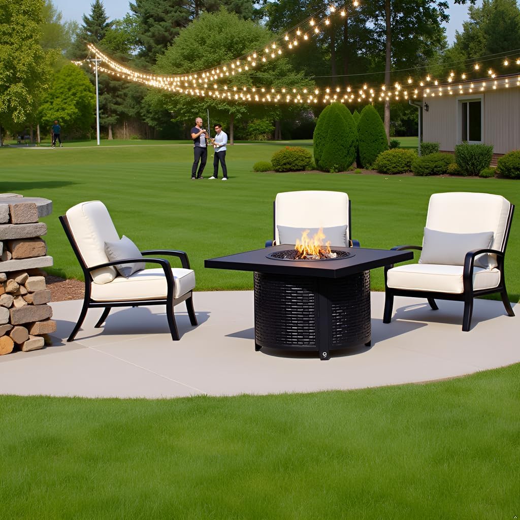 Square LPG/NG Gas Fire Pit Table 55K BTU w/Burner Lid, Cover, Fire Glass #65156