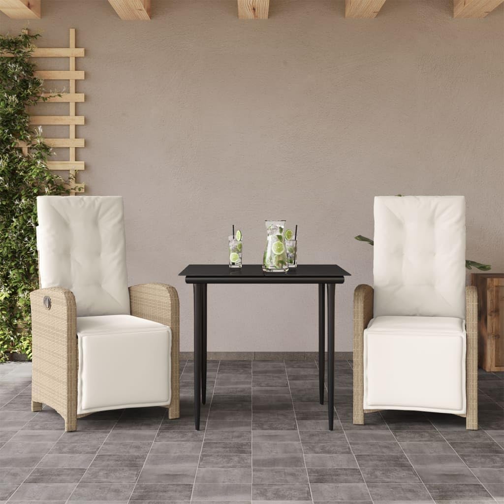 3 Piece Bistro Set with Cushions Beige Poly Rattan,Luxurious Patio Bistro Set: Adjustable Recliners with Glass Table for Outdoor Comfort Furniture Sets for Patio, Lawn & Garden