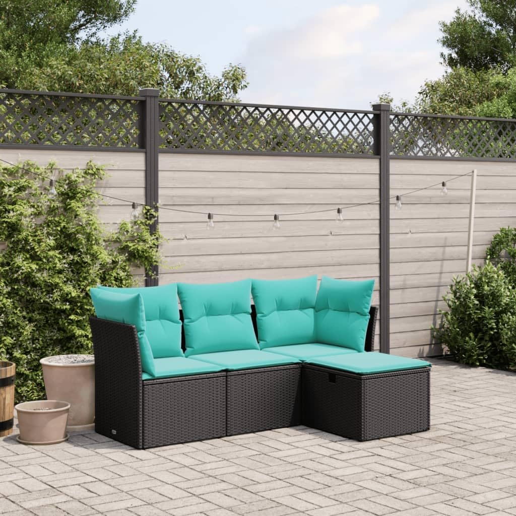 Garden Sofa Set Black PE Rattan, 4-Piece Outdoor Patio Furniture Set with Removable Covers, Weather-Resistant for Balcony, Terrace