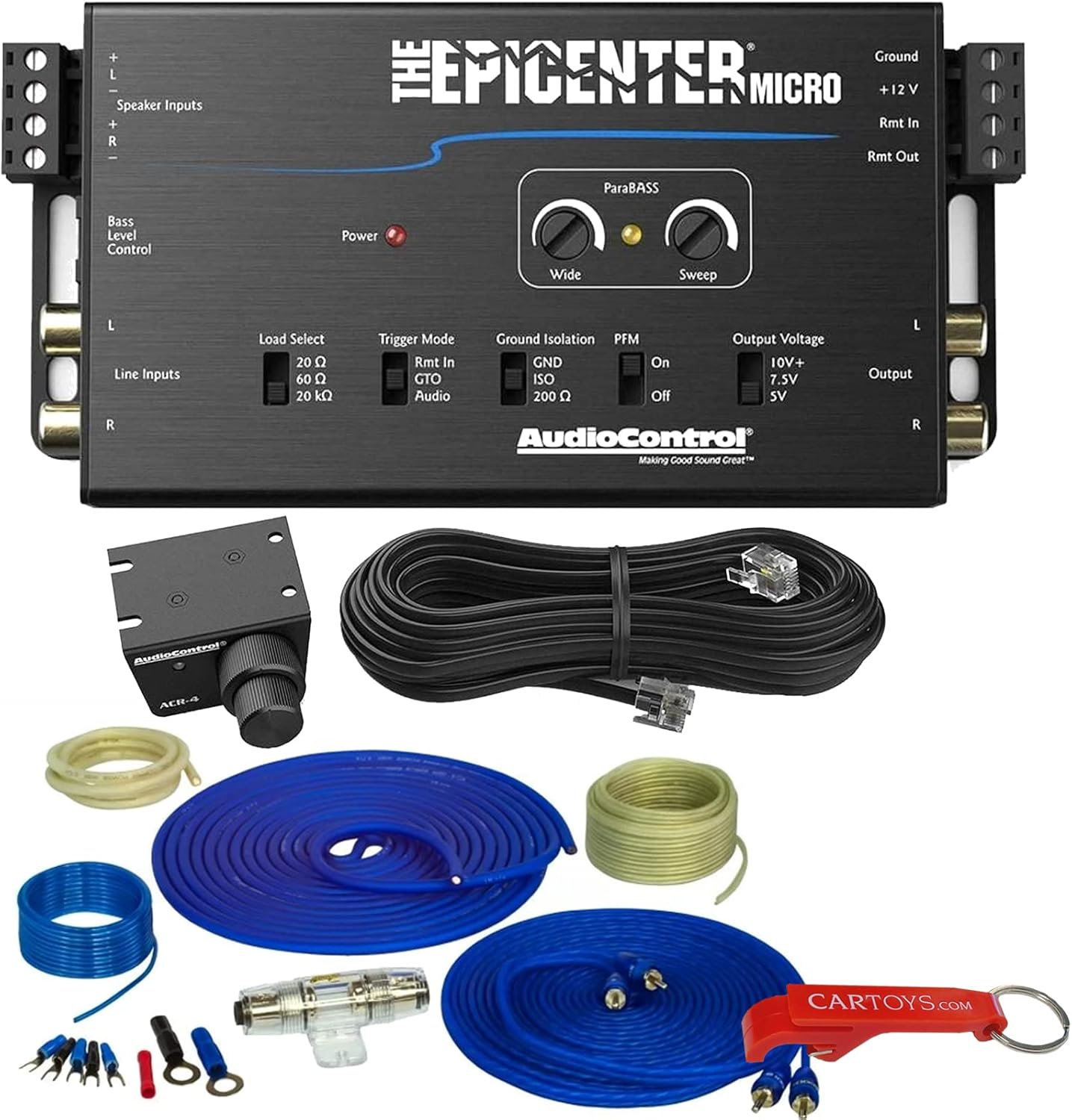 AudioControl Epicenter Micro Bass Restoration Processor & Full Copper Amp Kit Bundle. 2-Channel Amplifier with 600W Output Power and 12V Maximum Supply Voltage. ACR-4 Knob Included.