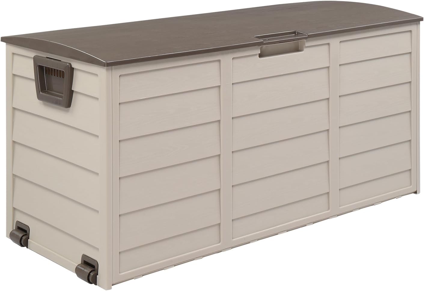 75 Gallon Patio Storage Deck Box, Plastic Backyard Outdoor Chest Box with Wheels, Lockable, Weatherproof, and UV Resistant Storage for Cushions, Patio Decor, Furniture, Garden Tools Brown