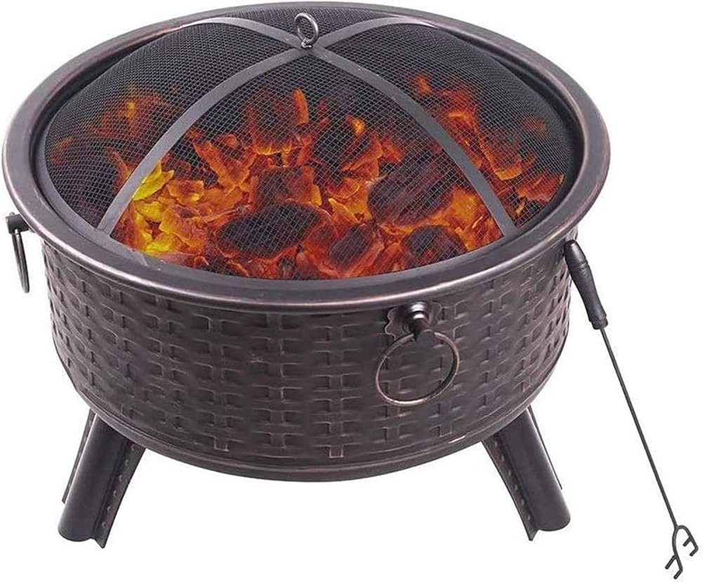 Garden Fire Pit Grill Bowl Grill Barbecue Rack Fire Pit,BBQ Grill Outdoor Fire Pit Round Steel Wood Burning with Spark Screen and Fire Poker for Backyard Patio Camping Deck