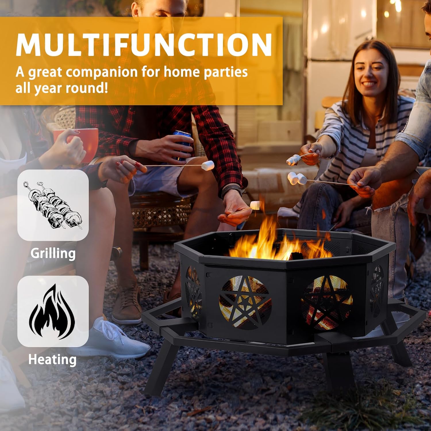 35 Inch Fire Pit for Outside, Octagonal Wood Burning Firepit with Star Pattern and Safety Ring Compact 35.6