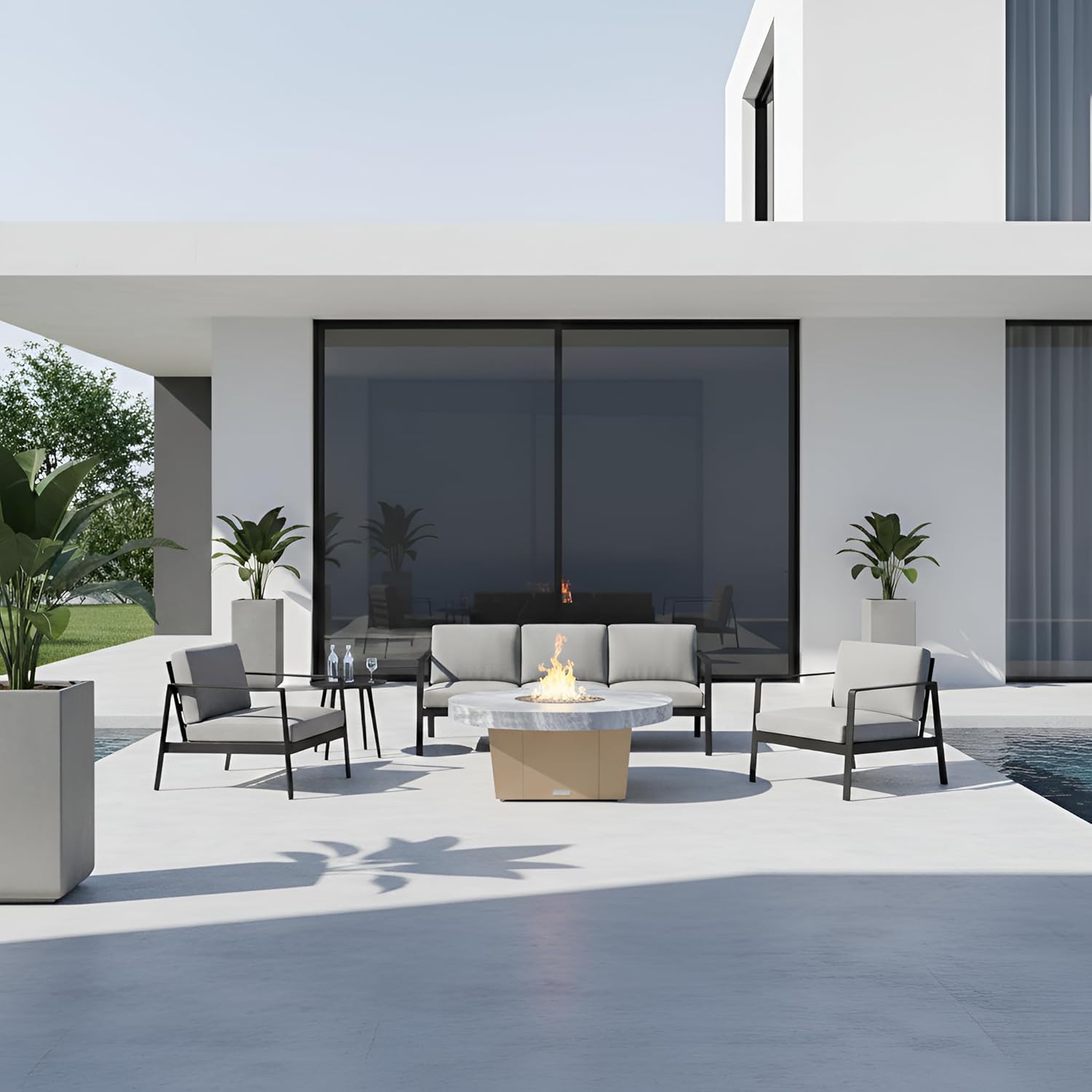 COOKE Parkway Circular Fire Pit Table - 48 Diam - Propane - Brushed Aluminum Top - Beige Powdercoat Base