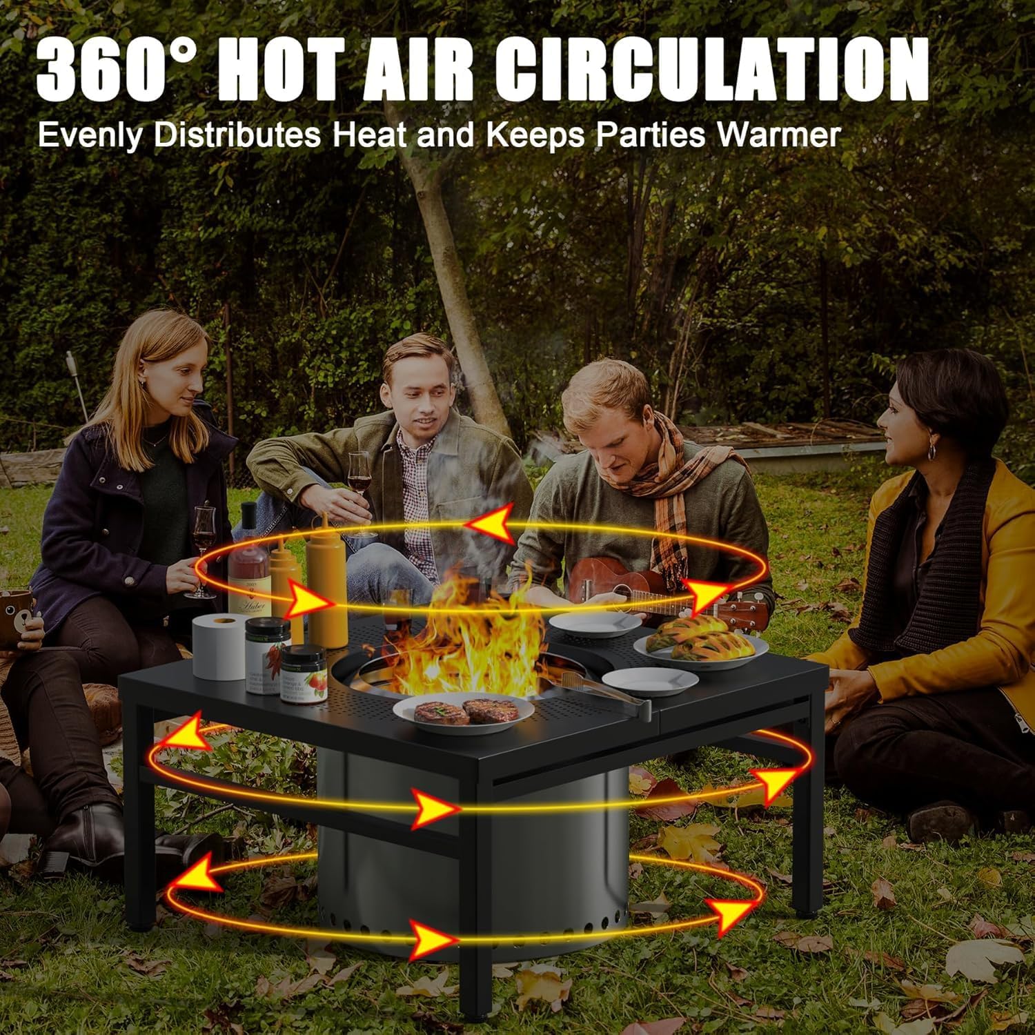 45'' Fire Pit Surround Tabletop for Solo Stove Yukon, Bonfire and Ranger Wood Burning, Outdoor Powder-Coated Square Fire Pit Table with Dust Cover, Outdoor Smokeless Fire Pit Table