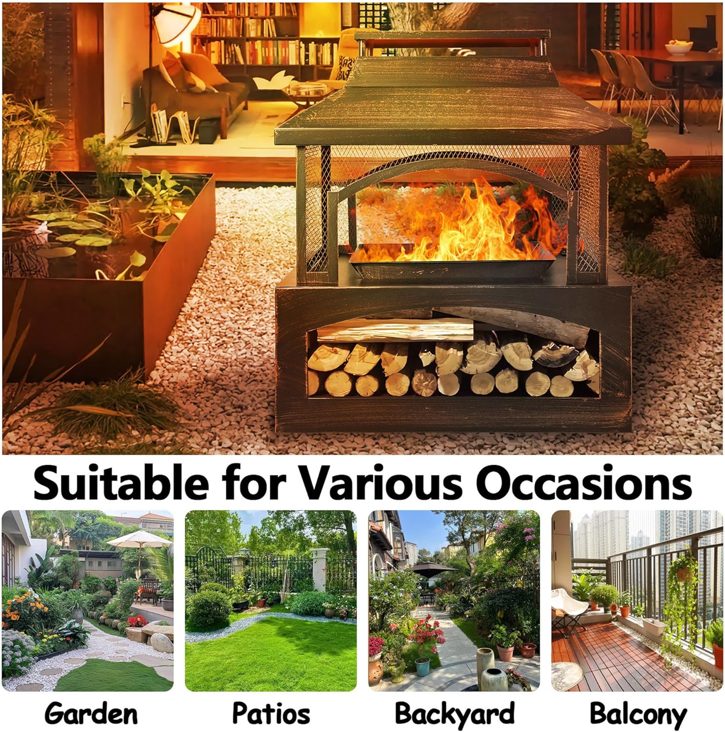 Steel Fire Pits for Outside Wood Burning, 37-Inch Rectangular Outdoor Fireplaces with Chimney & Fire Poker, Large Firepit & Fire Table for Backyard Patio Party Camping Picnic