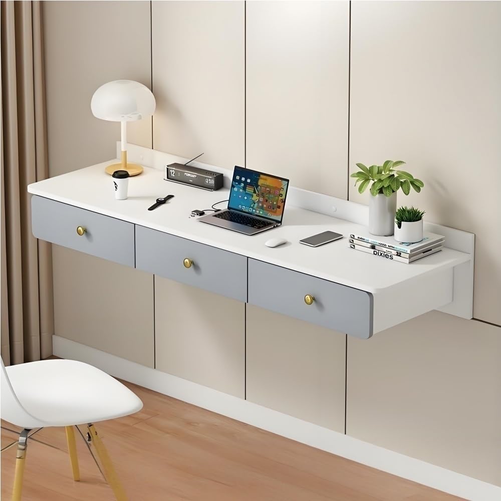 Floating Wall-Mounted Office Table with Two Drawers, Wooden Laptop Desk Shelf for Bedroom Living Room and Study, Modern Floating Vanity Workstation(White Gray)