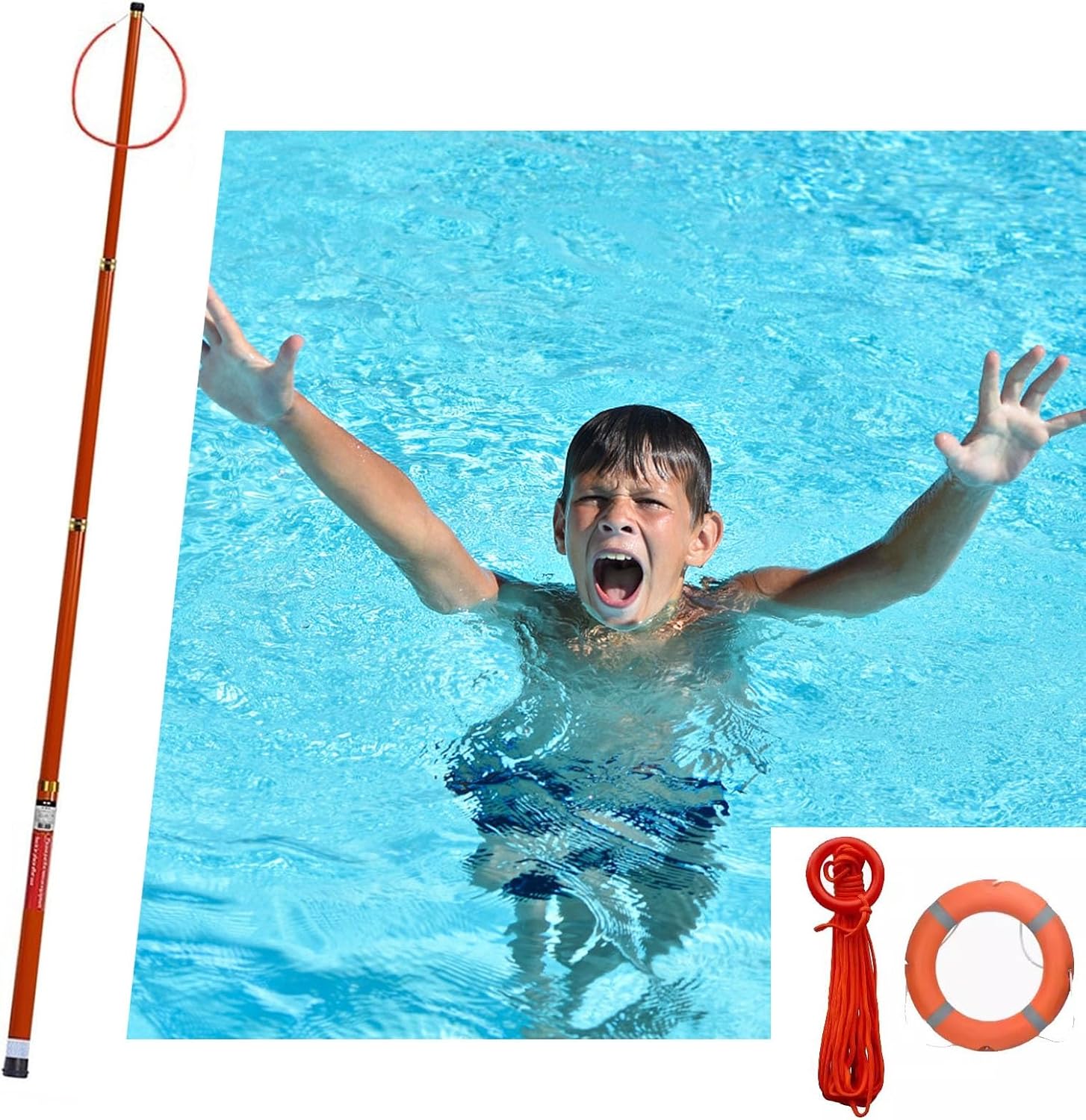 Pool Safety Hook Swimming Pool Life Saving Hook and Pole, 1.2-6.5m Adjustable Pool Safety Hook with Life Ring & Rope, Rescue Rescue Hooks for Drowning Swimmers