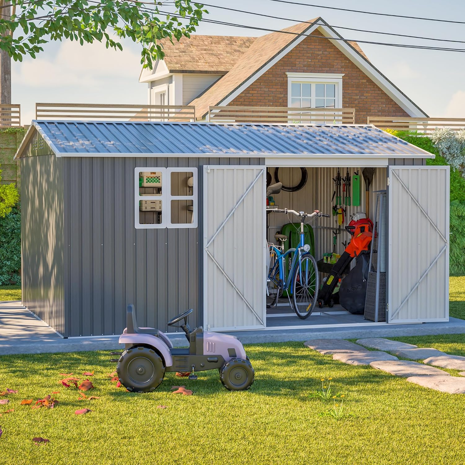 12x10 FT Outdoor Storage Shed,Metal Shed W/Window & Floor Frame,Garden Tool House W/Sloped Roof,Lockable Doors & Air Vents,for Backyard Patio Lawn,Gray