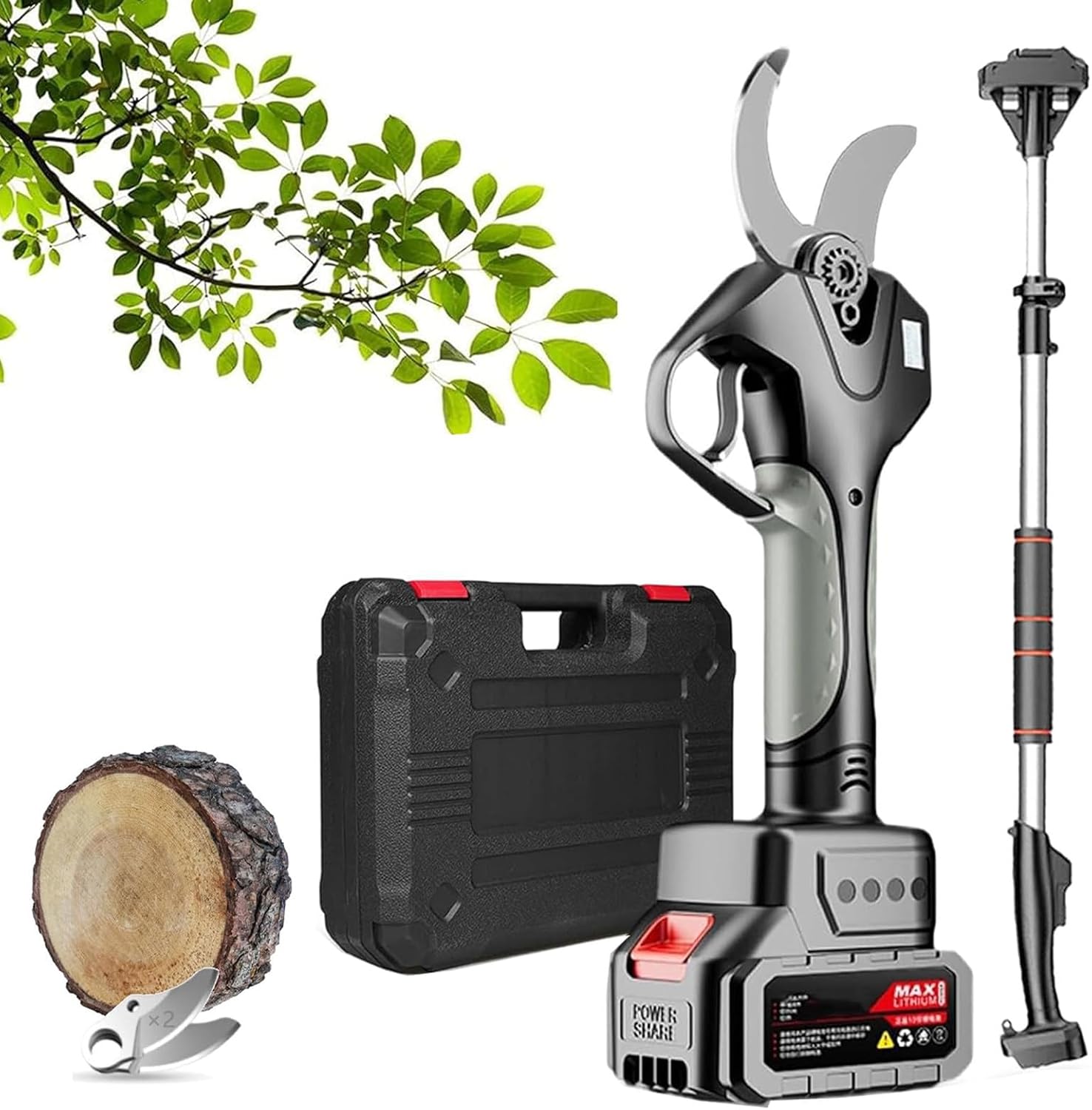 Electric Pruning Shears, Cordless Secateurs Max 50mm Cutting Diameter, with 2.1m Telescopic Pole, 10-12 Hours Working Hours for Hedge, Bush, Orchard