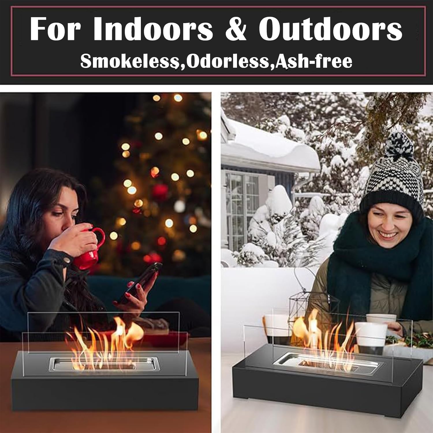 Stainless Steel Rectangular Table Top Fire Pit with Glass Wind Guard, Outdoor Patio Fireplace for Garden Portable Tabletop Fire Pit Indoor(White)