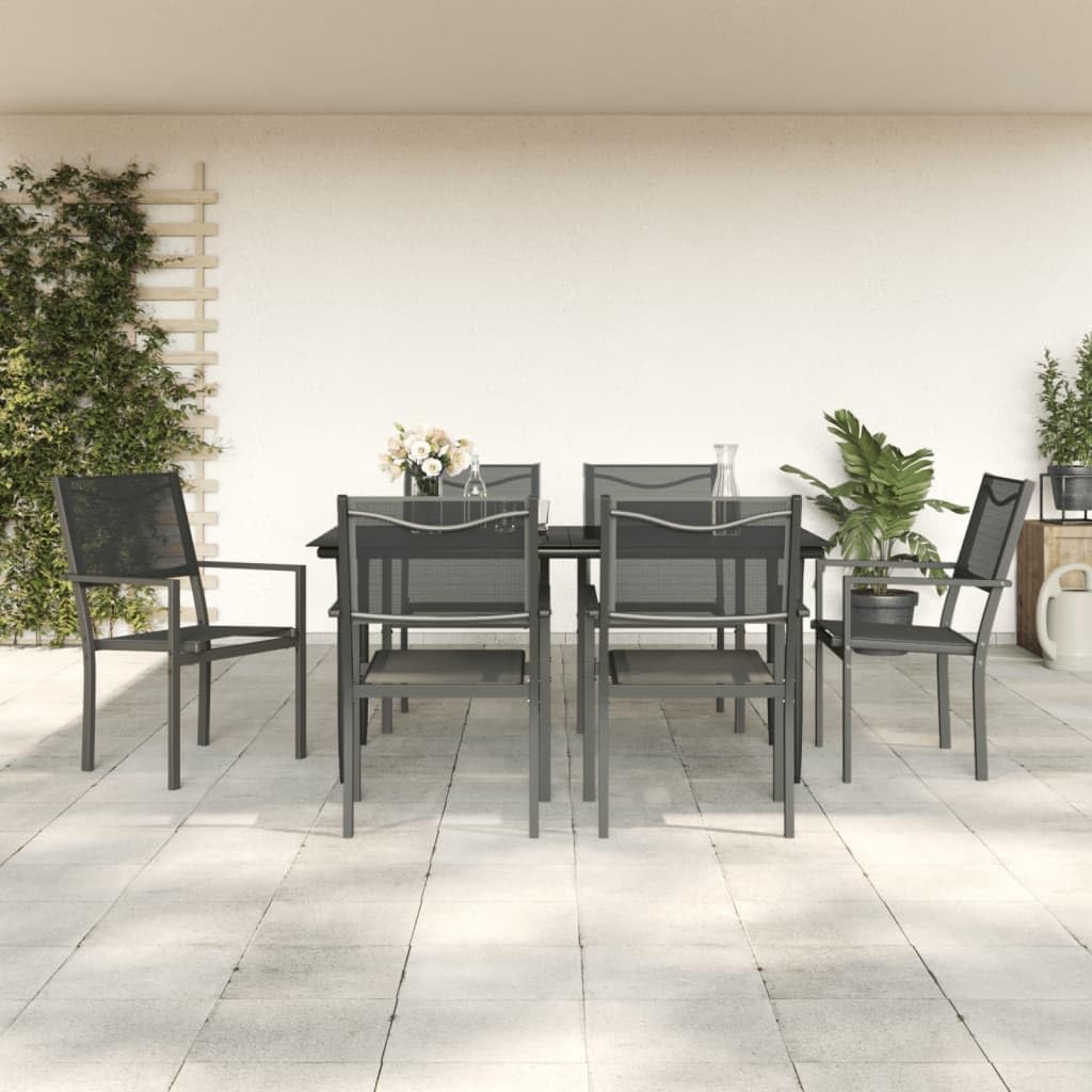 7 Piece Patio Dining Set Black Steel and Textilene,Sturdy Garden Dining Set with Comfortable Textilene Chairs for Outdoor Use Patio Furniture Sets, Outdoor Furniture Sets