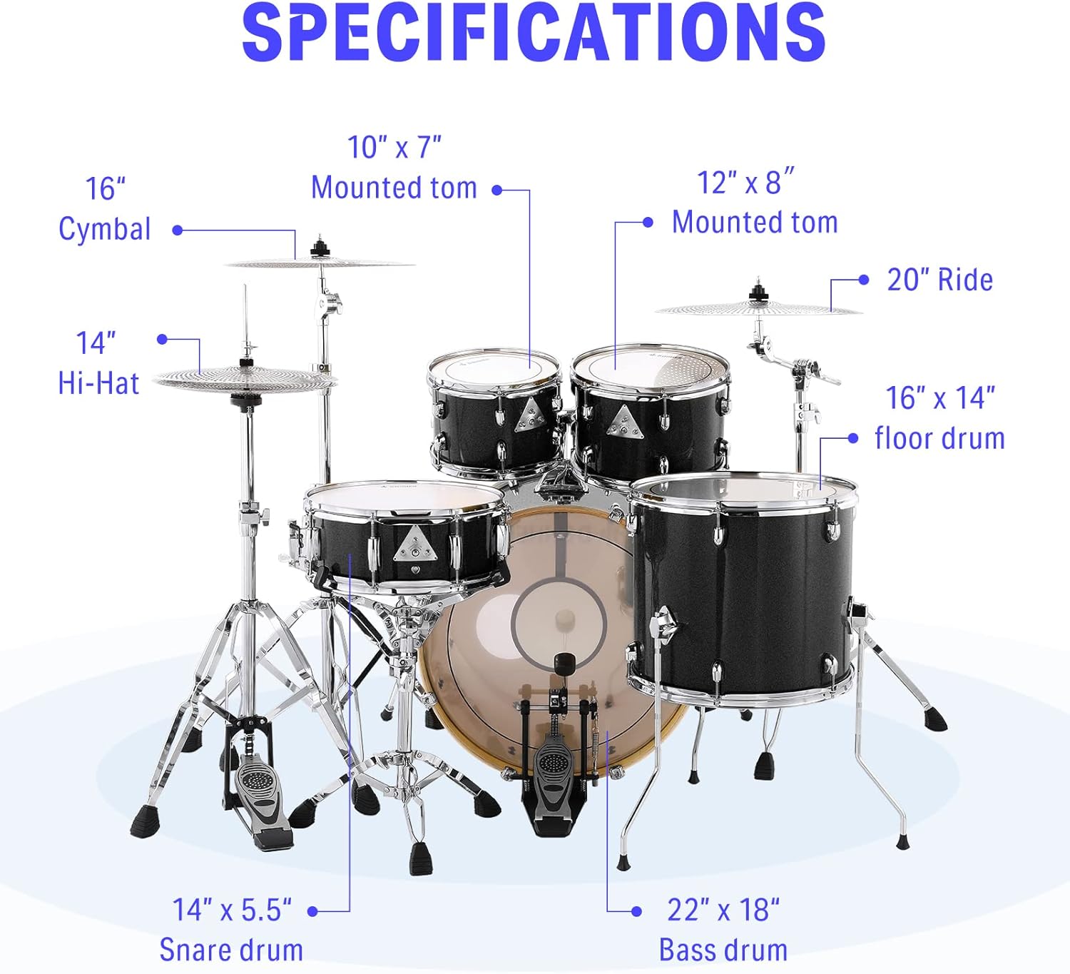 Donner Drum Set Adult with Practice Mute Pad,5-Piece 22 inch Full Size Acoustic Drum Kit, Black- DDS-520