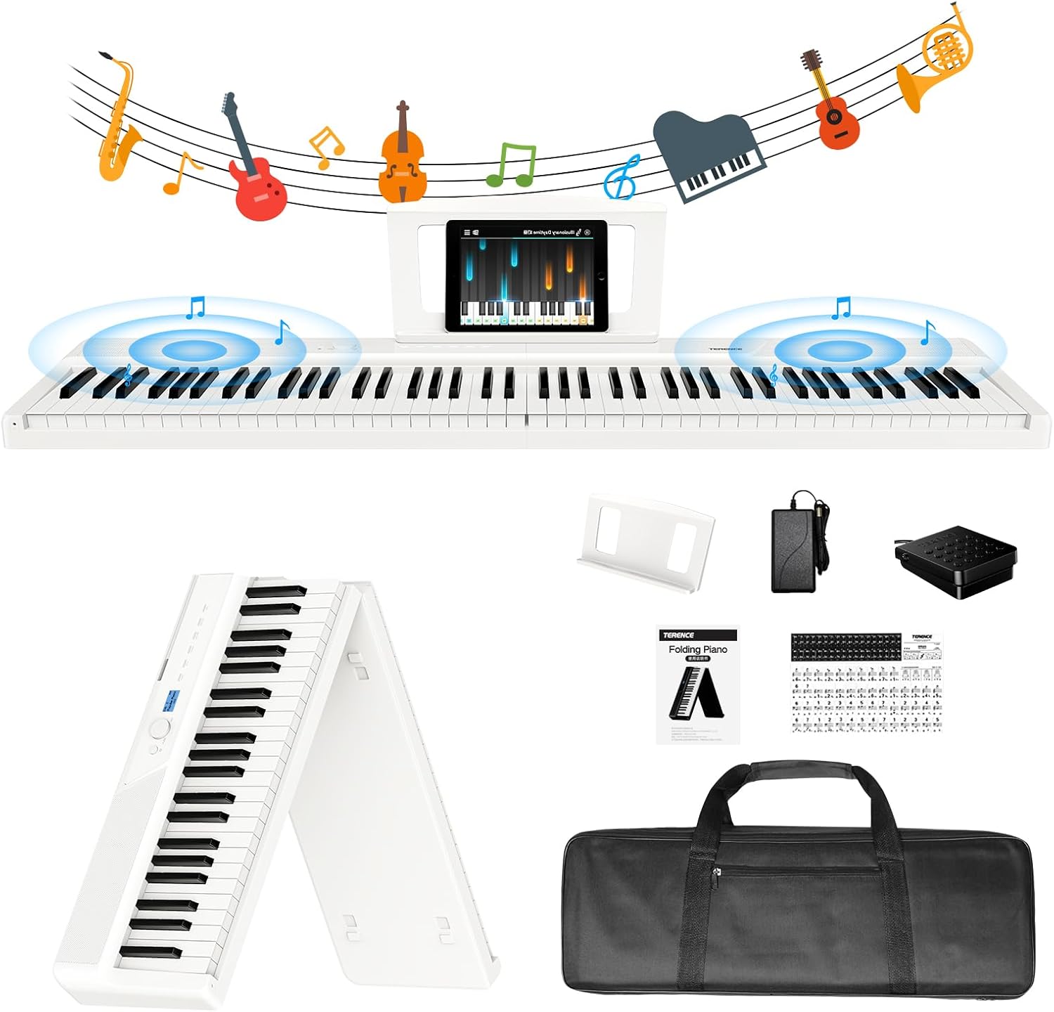 TERENCE Piano Keyboard 88 Key Weighted Key Digital Piano 30W Speaker Bluetooth MIDI Touch Sensitive Panel Portable Keyboard Piano for Beginners Adults Practice Gift for Christmas birthdays V50 White