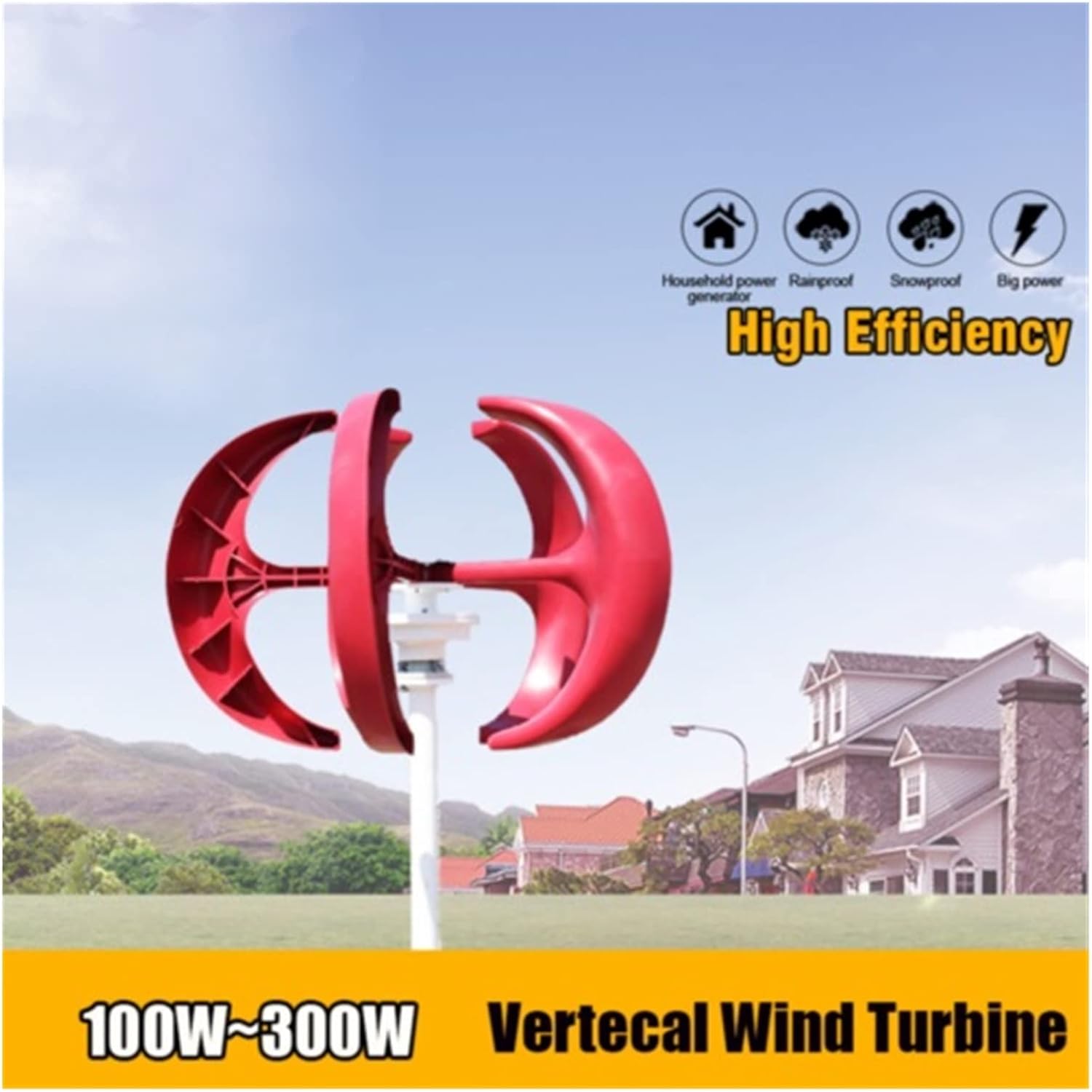 Industrial Wind Turbine Generator Wind Turbine Generator, 100w 200w 300w 5 Blades Vertical Axi Wind Turbines Generator Lantern 12V 24V Wind Turbines Kit Solar and Wind Power Parts(Red,24V_300W)