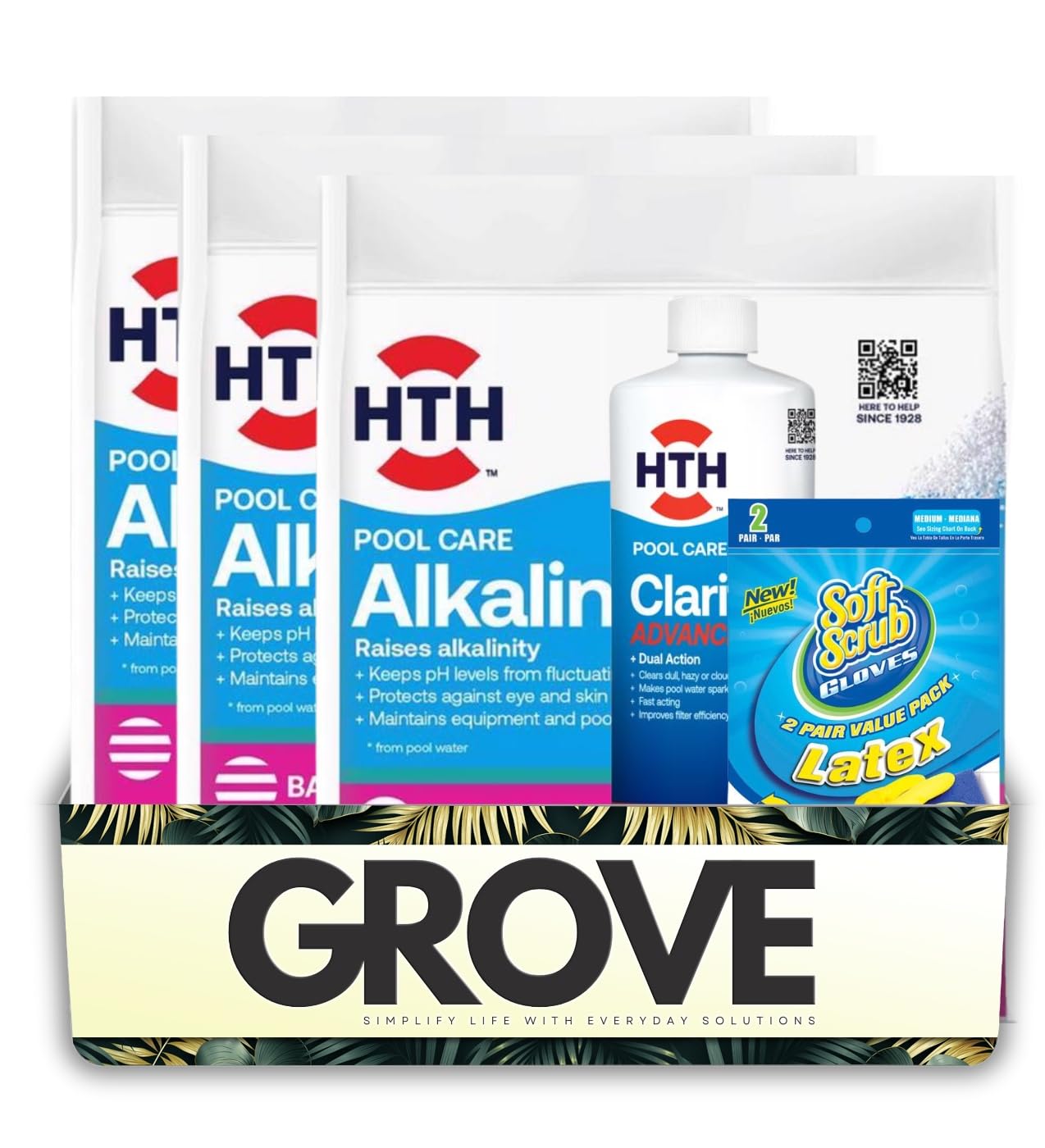 3x HTH Pool Care Granule Alkalinity Increaser for Swimming Pools 5 lb Bundle with Liquid Clarifier 32 oz & Cleaning Gloves – Stabilizes Pool Water pH and Restores Clarity – Gift Set (5 Items)
