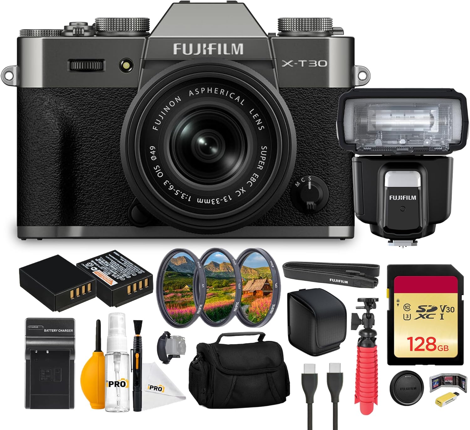 FUJIFILM X-T30 III Mirrorless Camera with 13-33mm f/3.5-6.3 Lens (Charcoal Silver) Bundle with Fuji EF-60 Shoe Mount Flash + Filter Kit UV/CP 49mm + 128GB Memory Card + Flexible Vlogging Tripod +More