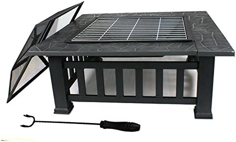 ZenStyle 32” Heavy Duty Square Fire Pit Outdoor Metal Firepit Wood Burning Fireplace w/Waterproof Dust Cover Patio Backyard Garden Stove Faux-Stone Finish