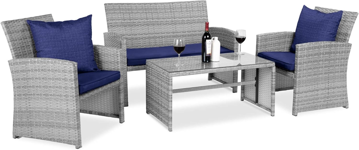 Best Choice Products 4-Piece Outdoor Wicker Patio Conversation Furniture Set for Backyard w/Coffee Table, Seat Cushions - Gray/Navy