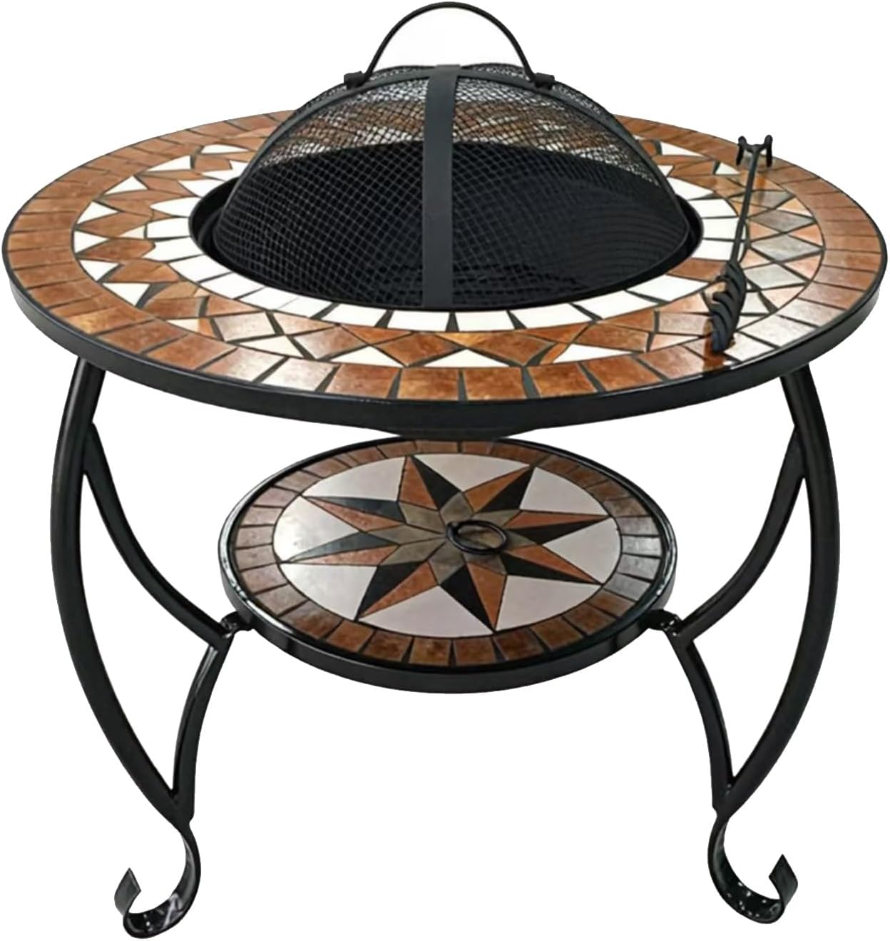 Mosaic Tile Fire Pit with Stand, Outdoor Garden Patio Heater, Blue and White Pattern, Metal Frame, Two-Tier Design (Color on The Picture)