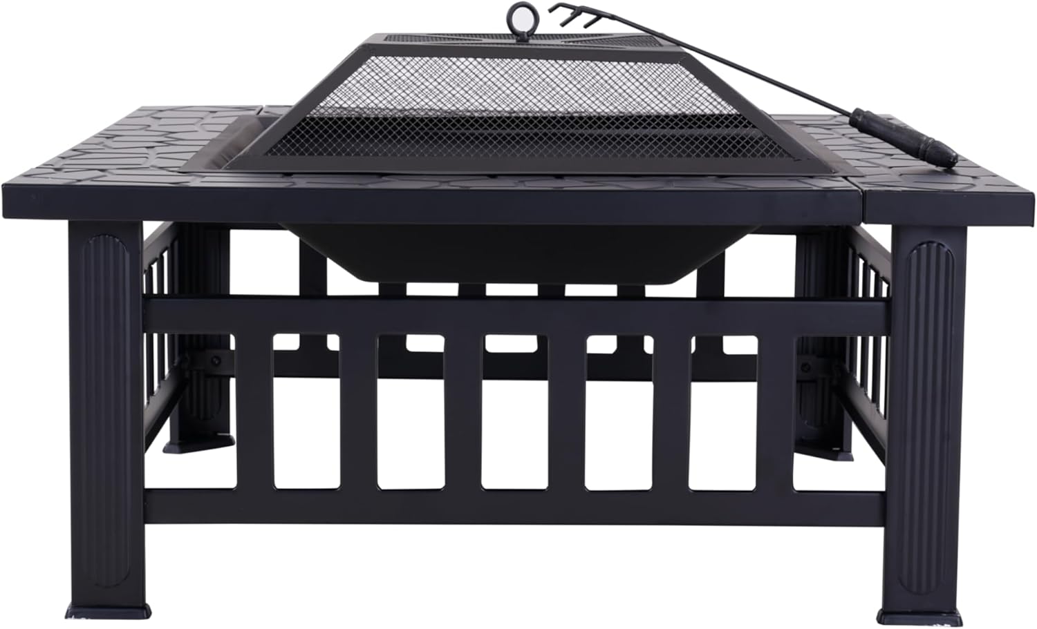 Outdoor Fire Pit Table 32 Inch, Square Backyard Patio Firepit Table, Black Steel Construction with Protective Cover, Multi-Functional BBQ Grill and Ice Bucket, Ideal for 4-8 People