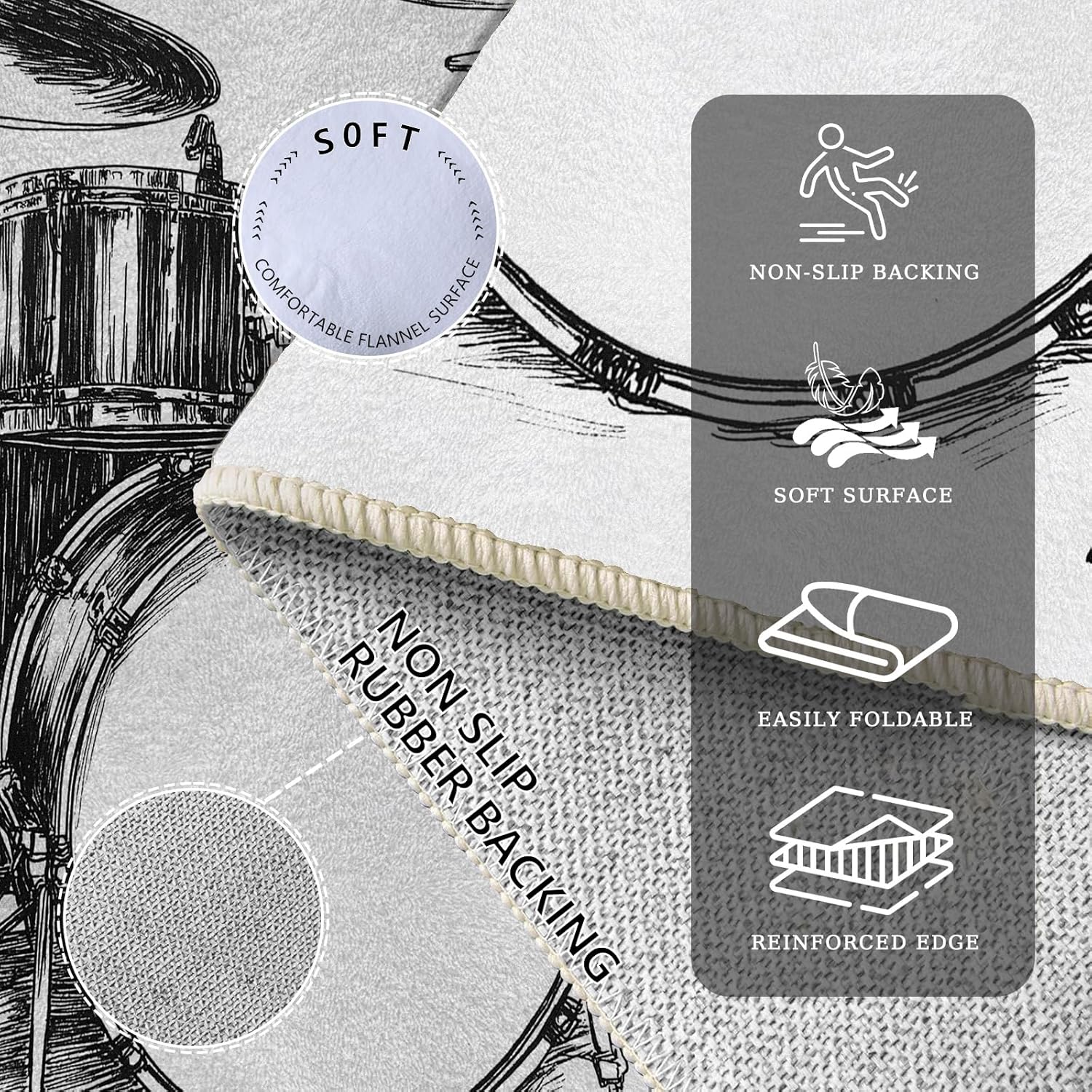 Drum Set Carpet for Bedroom, Sketch Music Theme Large Rug for Living Room, Musical Instrument Area Rug 8x10 ft Low Pile Soft Non Slip Machine Washable Rugs for Playroom Office Nursery Dorm