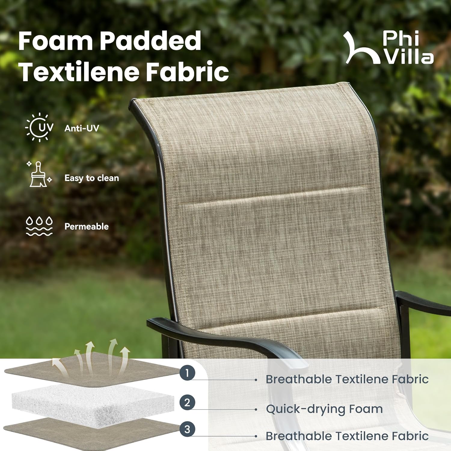 PHI VILLA 28” Gas Fire Pit Table with 4 Patio Sling Chairs, 5 Piece Propane Fire Pit Set with 5Kg Fire Glass, Outdoor Conversation Set for Yard, Patio