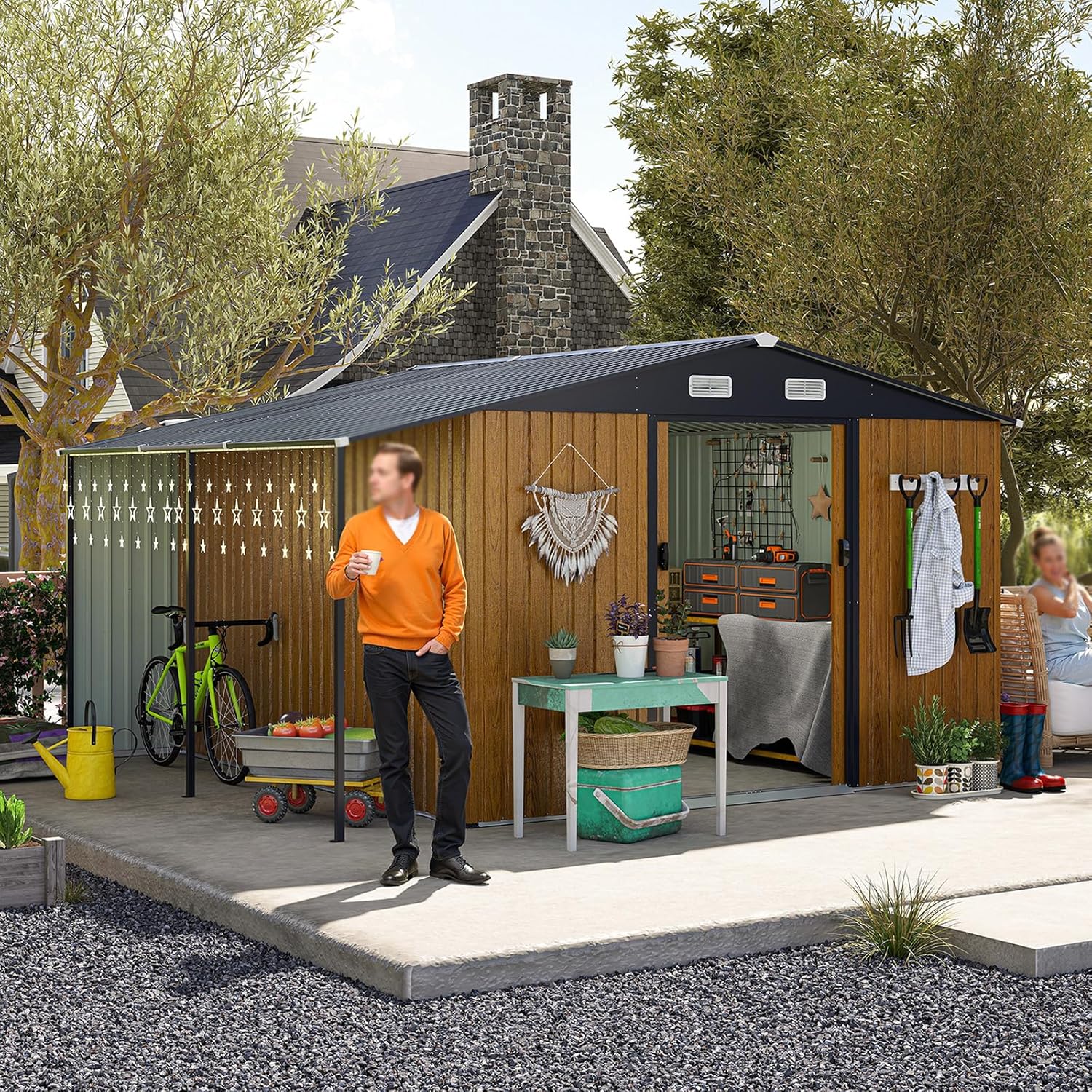 6x8 FT Sheds & Outdoor Storage, Steel Storage Shed with Lockable Doors and Window, Waterproof Garden Shed w/Roof Slope Design & Weather Versatility, Tool House (Yellow, 10x12 FT)