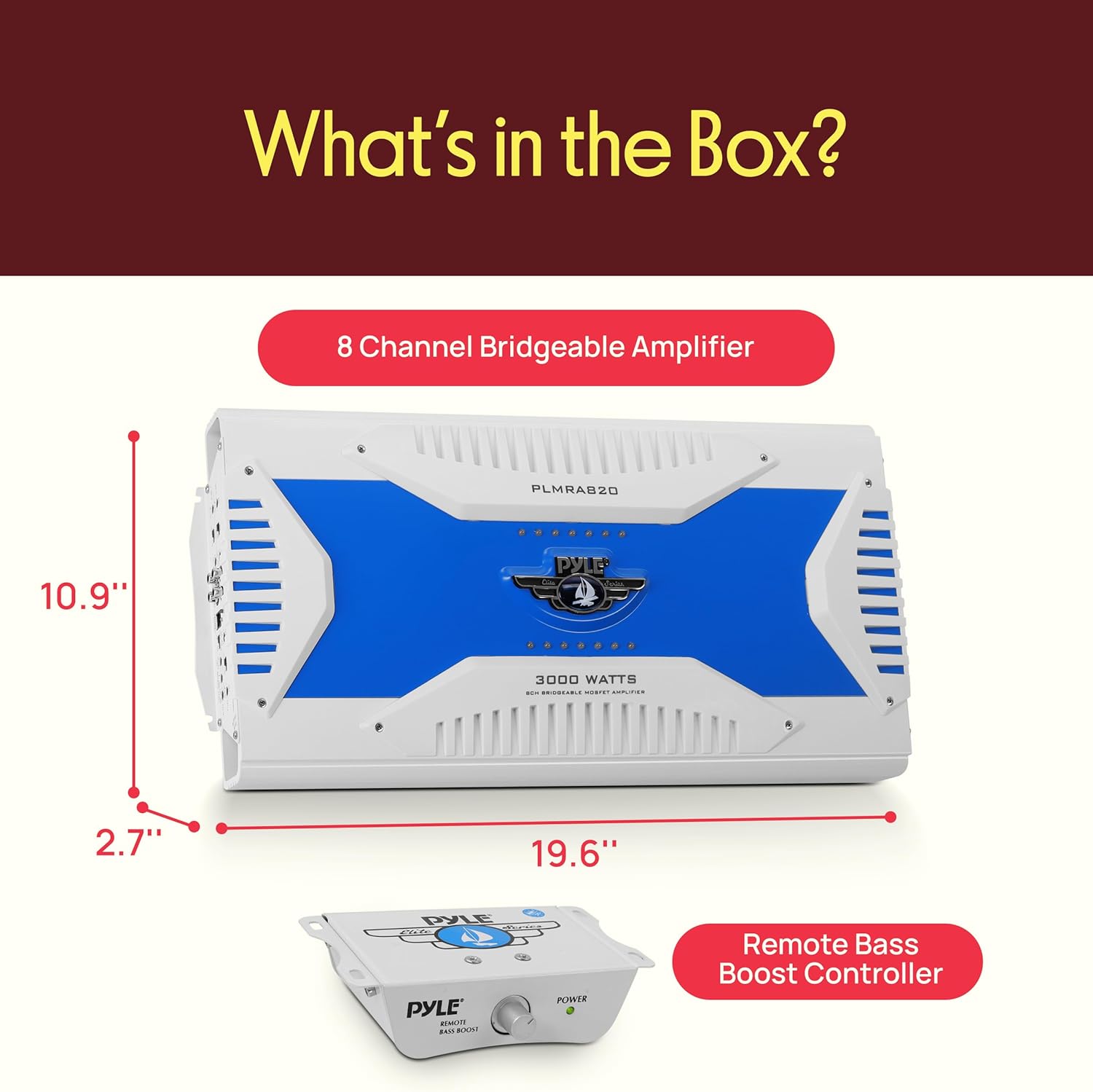 Pyle Hydra Marine Amplifier - Upgraded Elite Series 3000 Watt 8 Channel Bridgeable Amp Tri-Mode Configurable, Waterproof, MOSFET Power Supply, GAIN Level Controls and RCA Stereo Input - PLMRA820