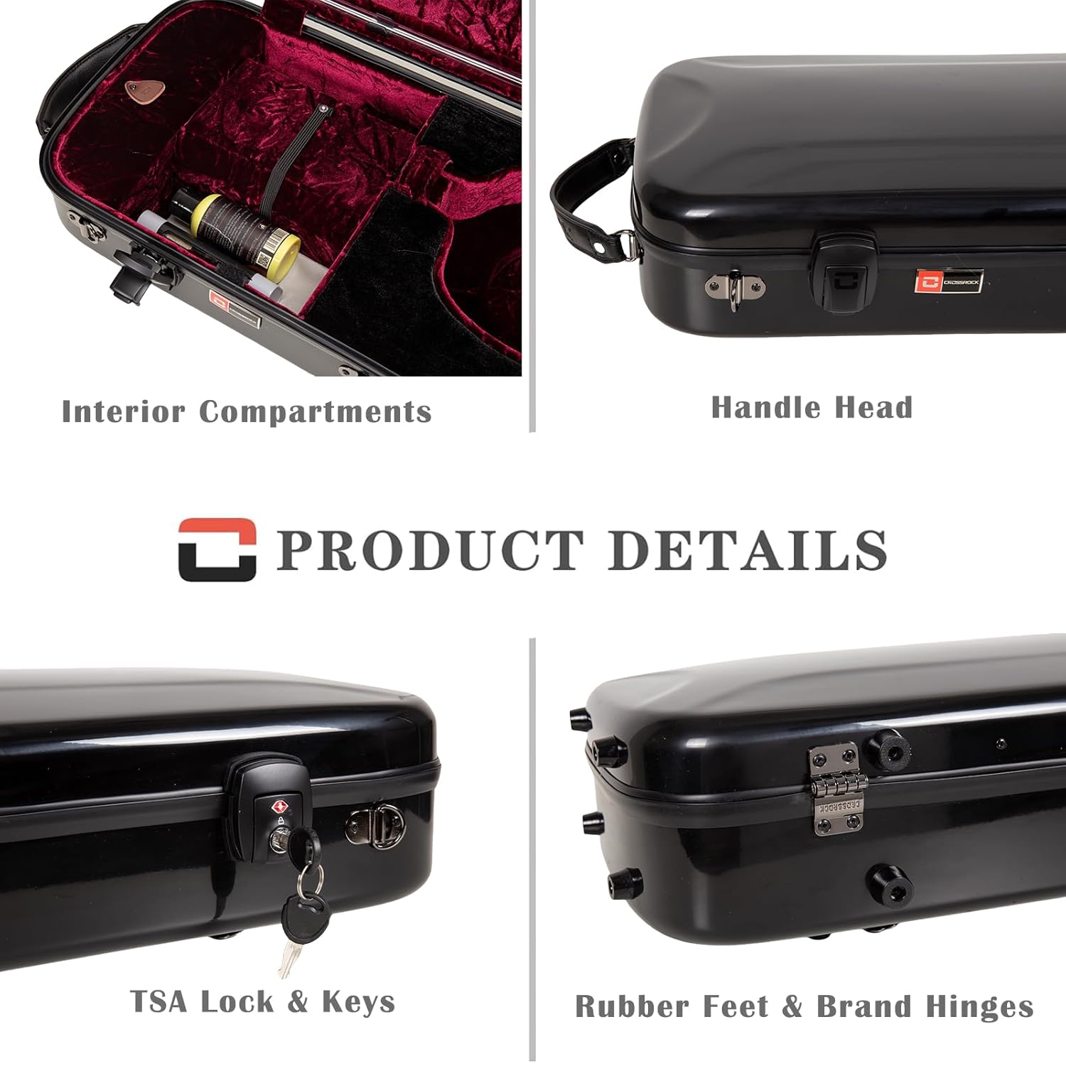 Crossrock Fiberglass Oblong Case fits 4/4 Full-Size Violin, Includes TSA lock, Protective Blanket, Hygrometer, Accessory Compartments-Black (CRF2020VBK-R)