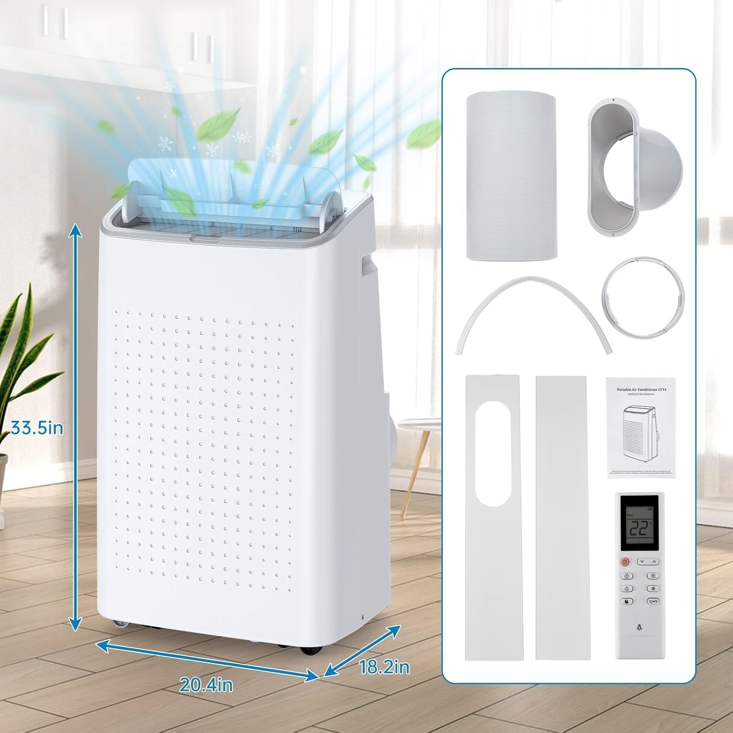 14000 BTU Portable Air Conditioner - 4 in-1 Cooling, Dehumidifier, Fan & Sleep Mode, Quiet AC Unit for Rooms up to 750 Sq.Ft, 24H Timer, Remote & Window Kit Included, White Top Cover
