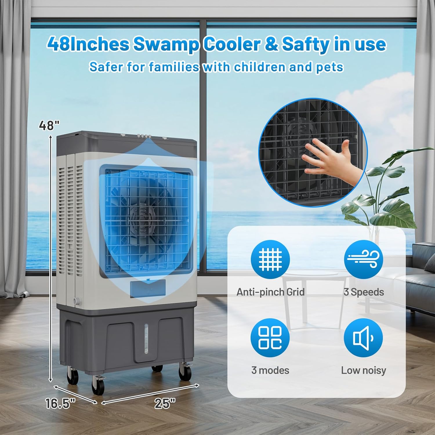 VCJ 6500CFM Swamp Cooler, Evaporative Air Cooler with 19Gal Water Tank, 8 Ice Packs, 120°Oscillation, 3 Speeds, Swamp Cooler Air Conditioner for Outdoor Patio Garage Commercial Industrial Use