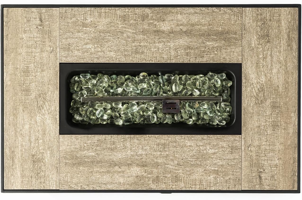 Beige Rattan Fire Pit Table with Tank Holder and Ceramic Tile Tabletop