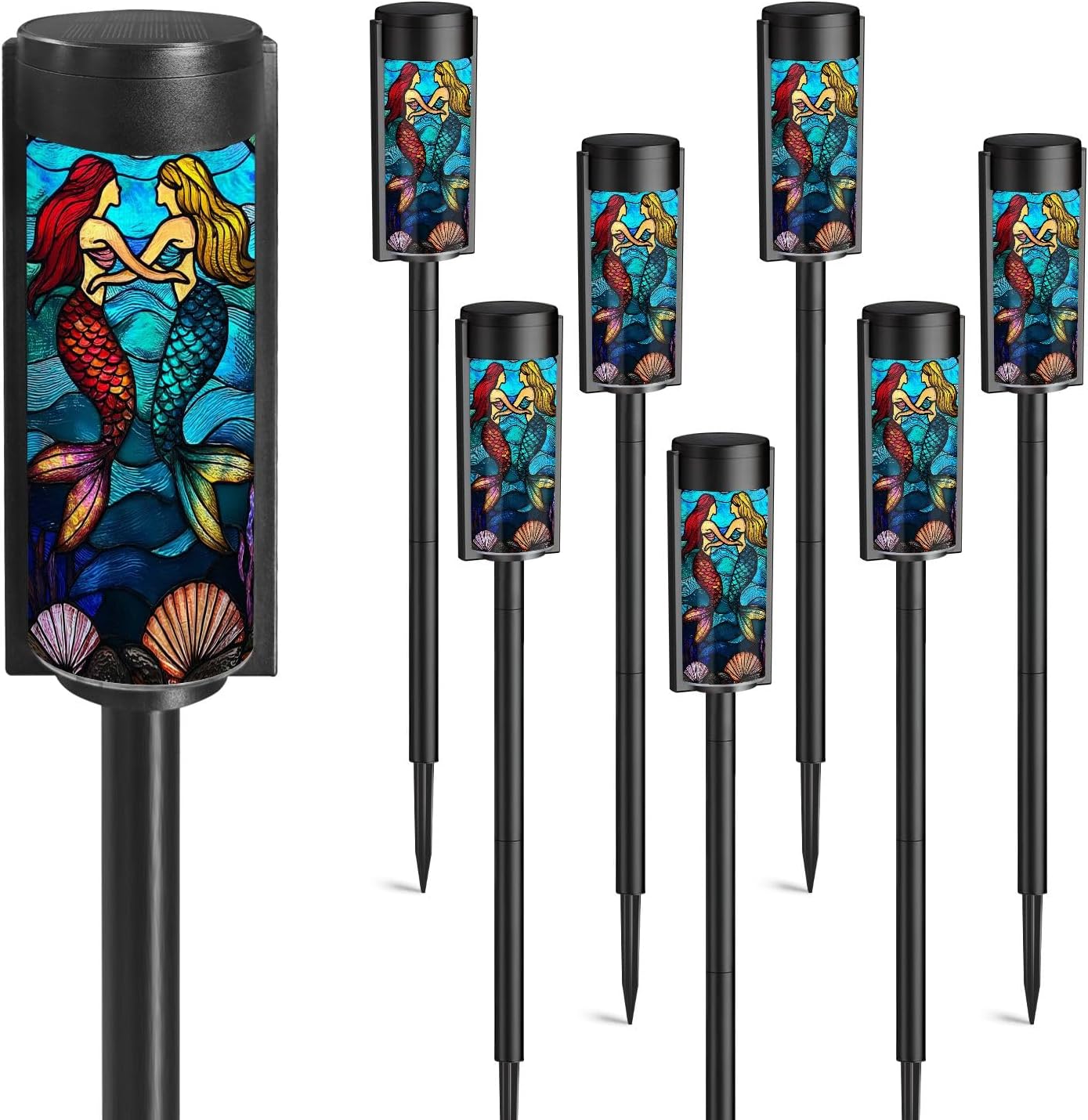 8 Pack Solar Lights Outdoor Decorative Waterproof LED Solar Pathway Lights Mermaid Stained Glass Window Panel Mermaids Ocean Waves Garden Decor for Outside Pool Yard Landscape Driveway