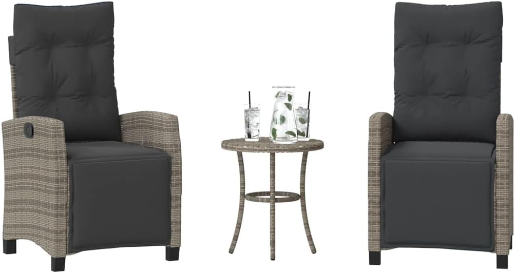 3 Piece Bistro Set with Cushions Gray Poly Rattan,AllWeather PE Rattan Patio Bistro Set with Adjustable Reclining Backrest and Cushions Patio Furniture, Outdoor Furniture Sets