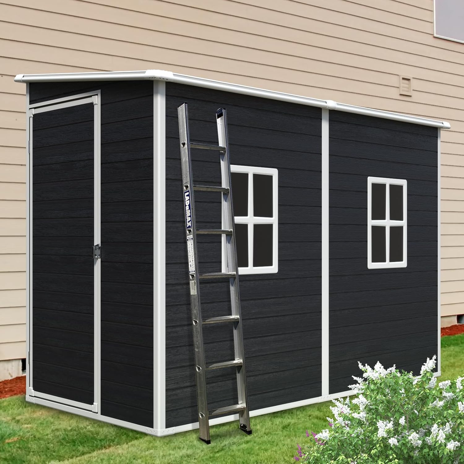 4 x 8 FT Outdoor Storage Shed with Floor, Waterproof Resin Garden Shed with 2 Windows, Lockable Doors, for Patio Yard Lawn, Black