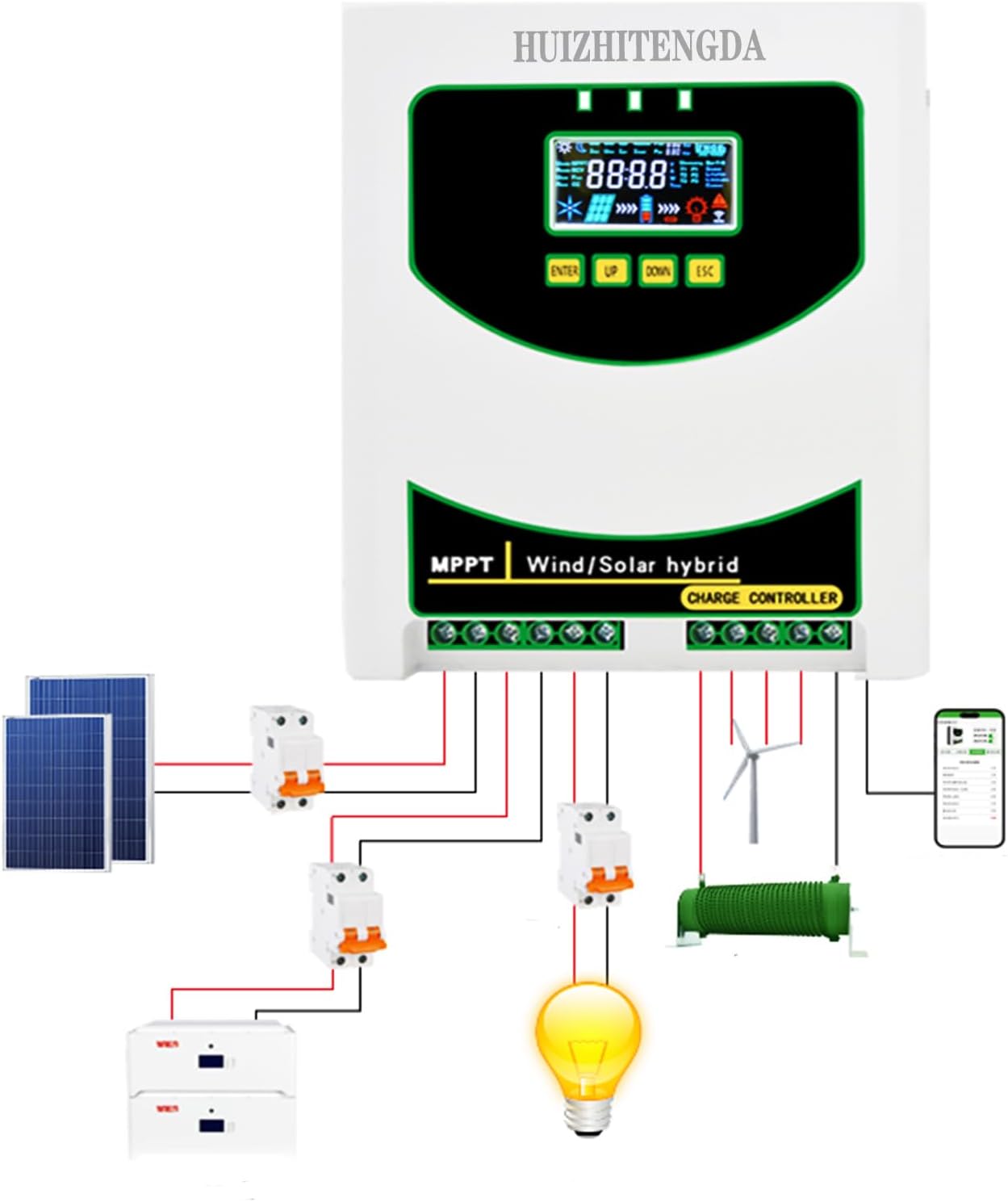 10000W DC 48V IP67 Water Proof Solar & Wind Hybrid System Double MPPT Charge Controller, Applicable to Wind Power Systems,12v