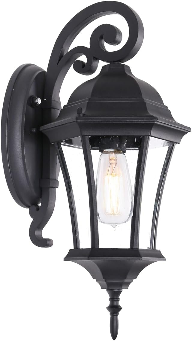 Dusk to Dawn Wall Light for Porch, Black Exterior Door Wall Lantern with Photocell Sensor, Large Outside Wall Sconce with Clear Seeded Glass
