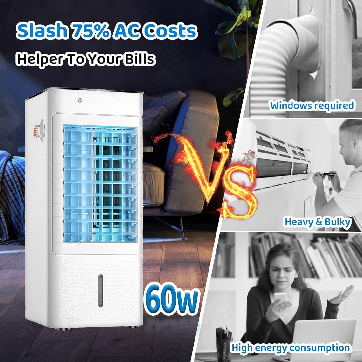 Portable Air Conditioner Evaporative Air Cooler with 7L Water Tank Remote Control 12H Timer 120° Oscillation Ice Boxes 3 Modes 3 Speeds Portable Cooling Fan Humidifier for Bedoom Home Office