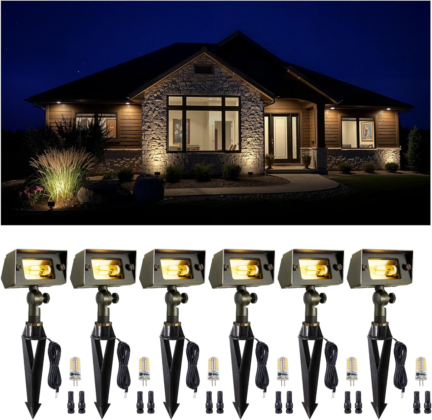 Gardenreet Landscape Flood Light - Solid Brass LED Wall Wash Light Outdoor, 12V Hardwired IP65 Waterproof, Antique Bronze Lighting for Exterior Wall Tree House with 2700K 3W 270LM G4 Bulb 6 Pack