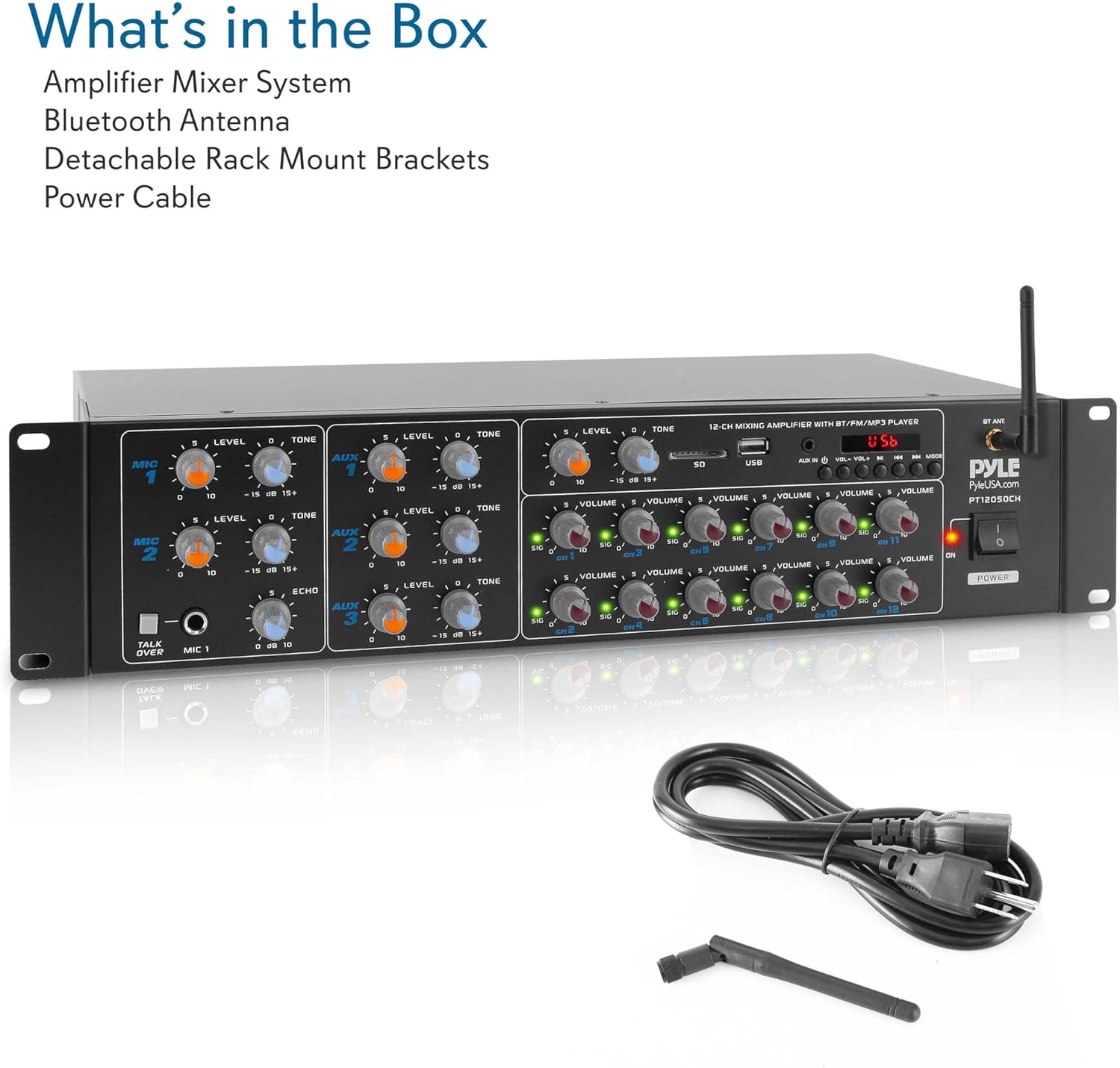 Pyle 8-Channel Wireless Bluetooth Power Amplifier - 4000W Rack Mount Multi Zone Sound Mixer Audio Home Stereo Receiver Box System w/ RCA, USB, AUX - For Speaker, PA, Theater, Studio/Stage - PT8050CH