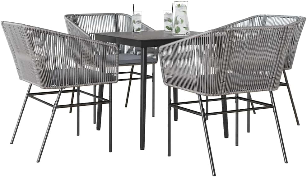 5-Piece Garden Dining Set, Grey Poly Rattan Outdoor Table and Chairs, Powder-Coated Steel Frame, 4-Seater Patio Furniture for Balcony, Terrace, and Deck