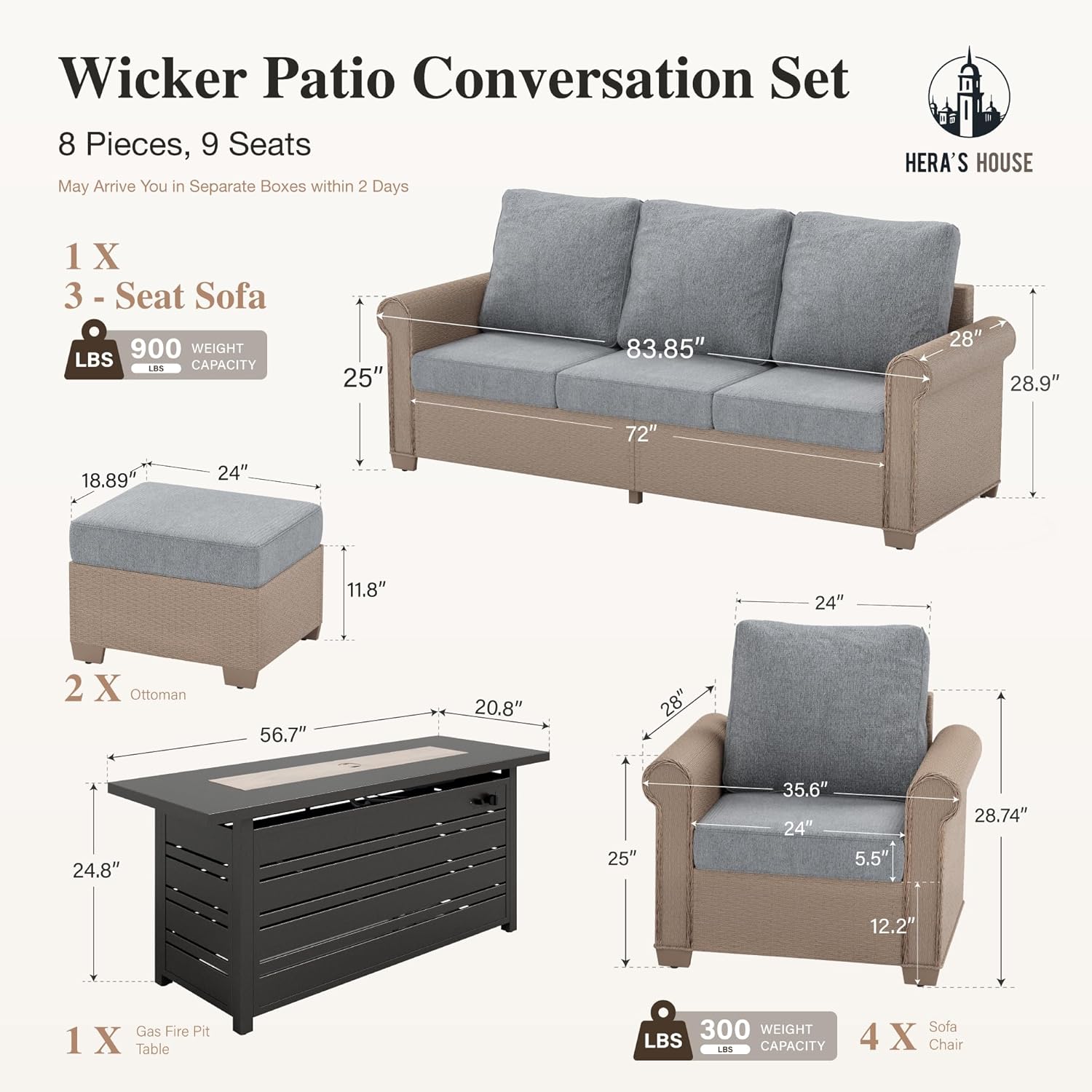 HERA'S HOUSE 8-Piece Patio Furniture Set, All Weather 9 Seats Outdoor Wicker Sofa with Ottomans, Rattan Patio Conversation Set with 5.5