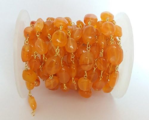 10 Feet Natural Carnelian Smooth Oval Beaded Chain - 24K Gold Plated Wire Wrapped Chain - Oval Beaded Chain - Beads 6X8mm