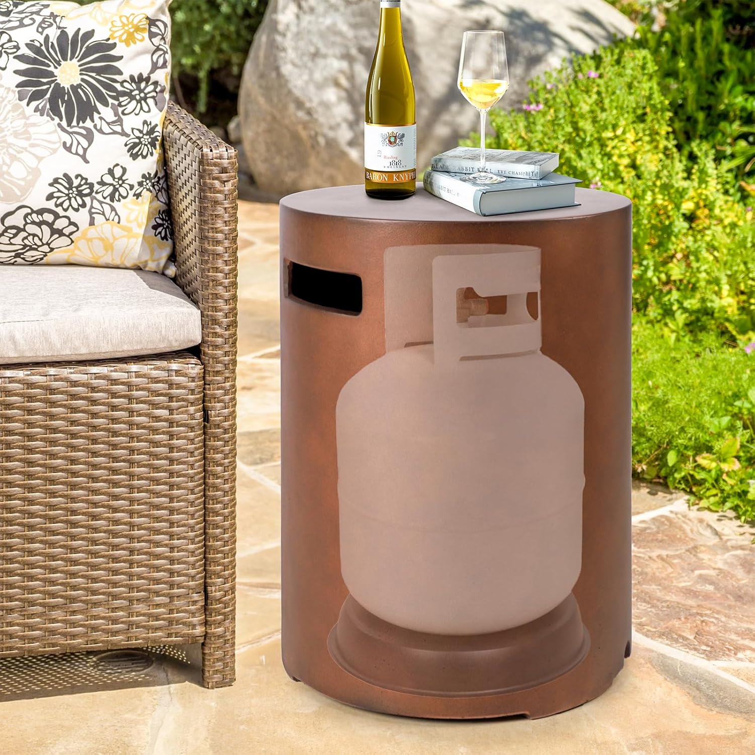 Propane Tank Cover Table, Modern Outdoor Gas Tank Covers, φ16 X 20inch Concrete Tank Storage Box Hideaway Table for Propane Gas Fire Pit and Round Tank Holder with Handles (Brown)