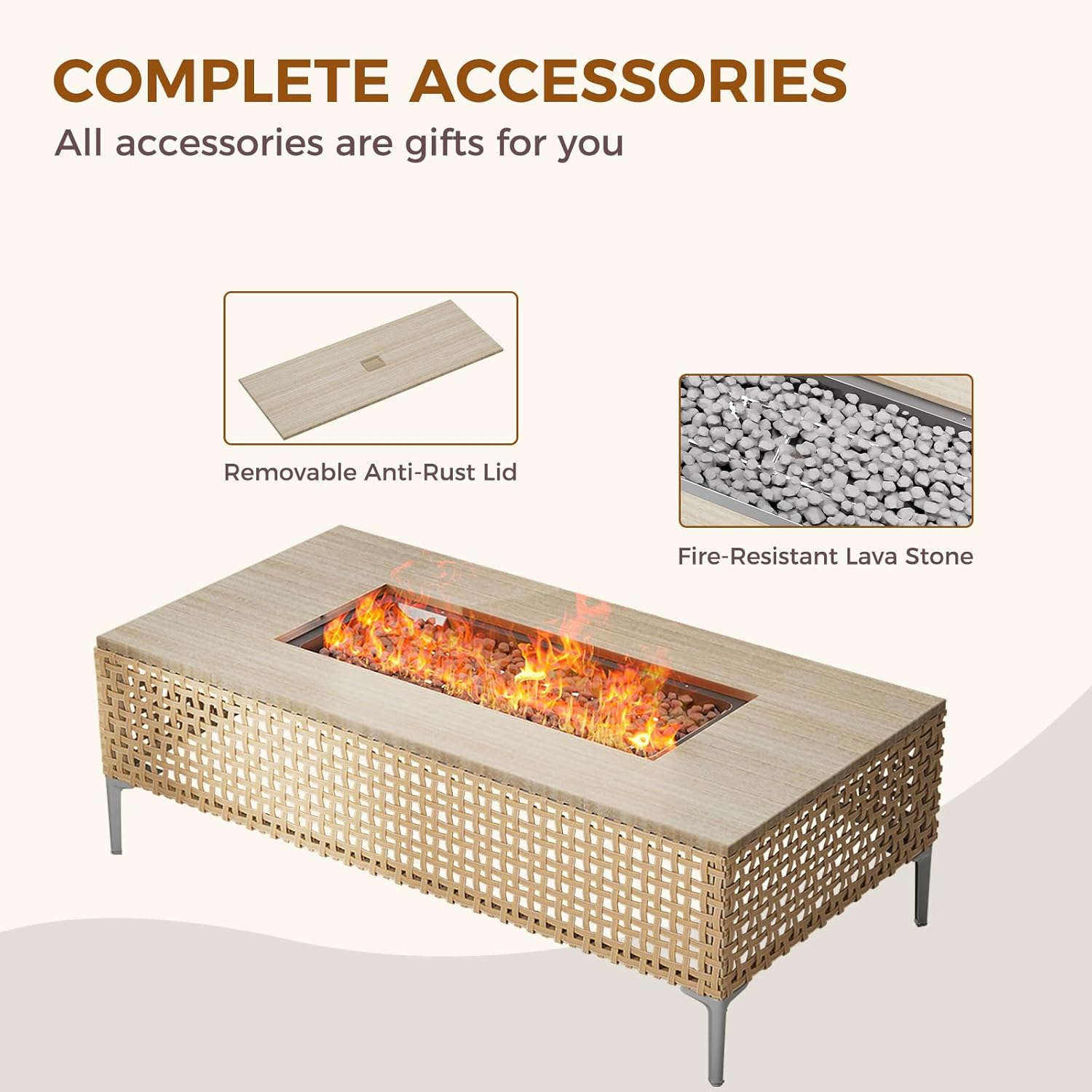 Grand patio 47inch Outdoor Wicker Propane Fire Pit 50,000 BTU Rectangle Gas Fire Pit Table with Propane Tank Storage Box, Woodgrain Tabletop, Lid, Lava Rock for Garden/Patio, CSA Certification